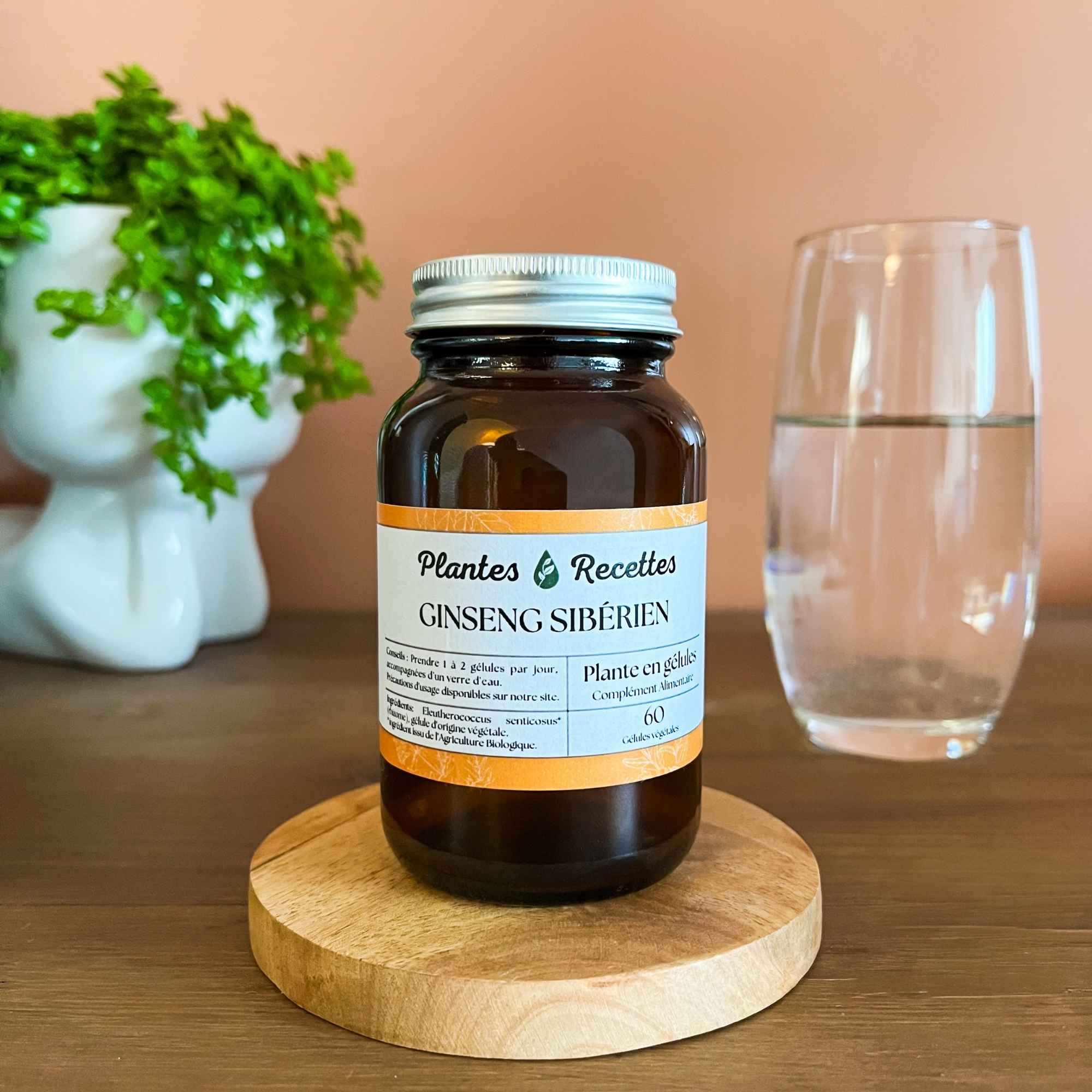 Gélules de ginseng sibérien bio Plantes & Recettes, qualité herboristerie, fabrication française, capsules végétales vegan en pilulier verre ambré, cure 1 mois.