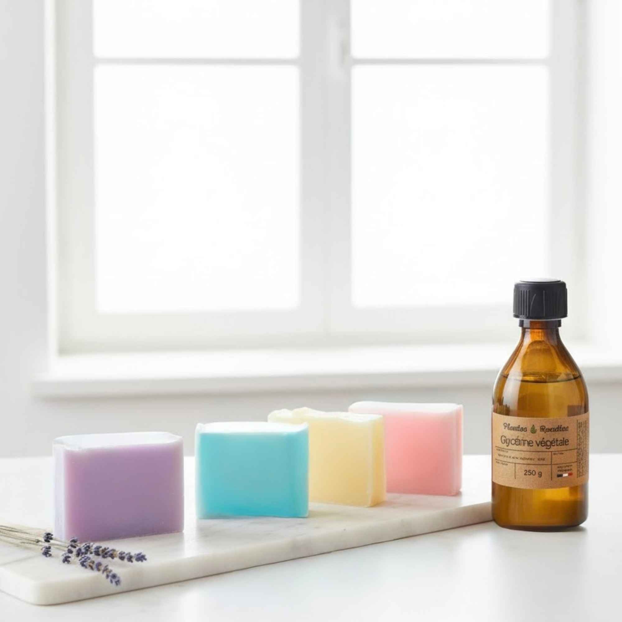 Glycérine végétale Plantes & Recettes aux côtés de savons artisanaux, ingrédient essentiel pour la fabrication de savons doux et hydratants.