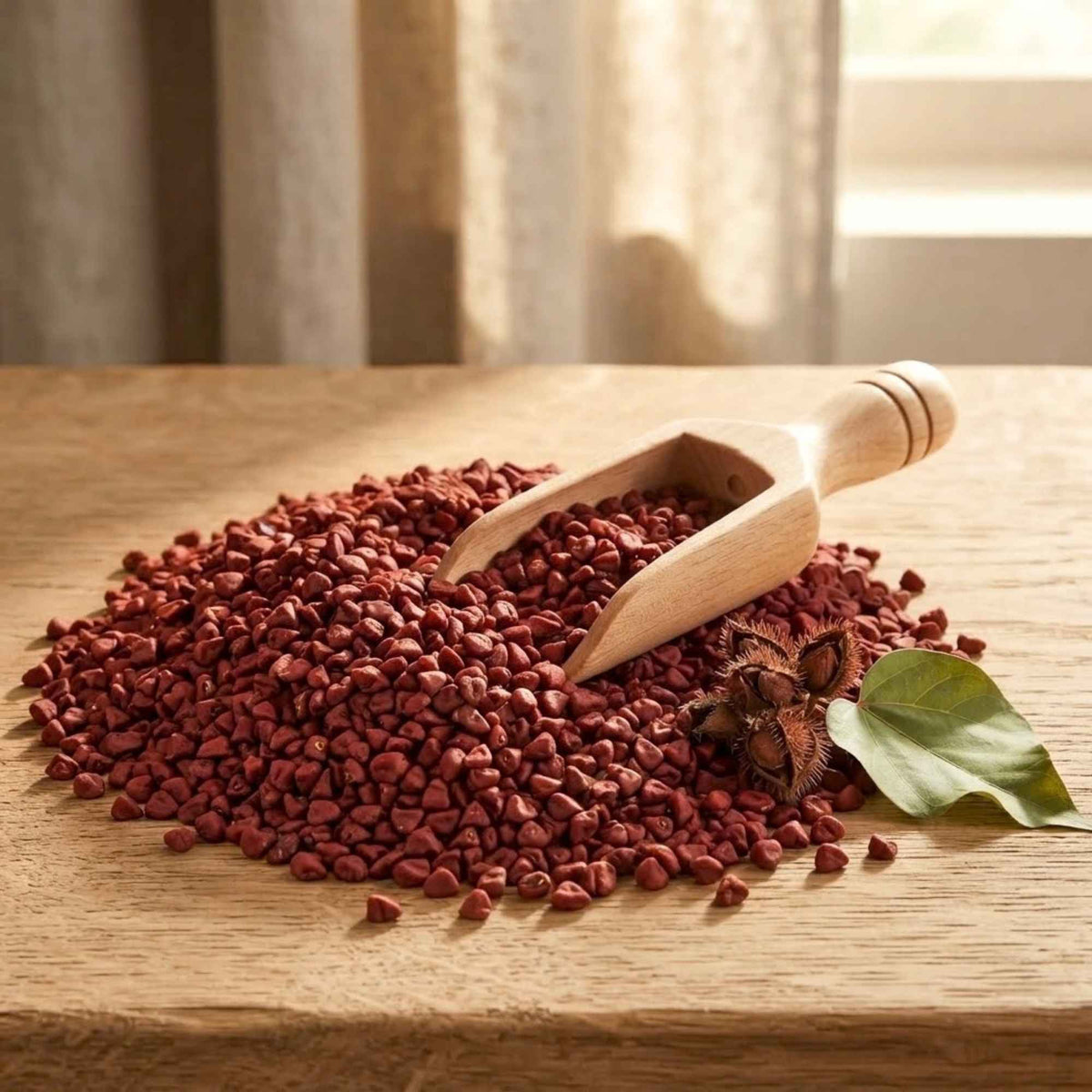 Graines de roucou, ou annatto, entières et naturellement orangées, utilisées en cuisine et dans les recettes de beauté maison.