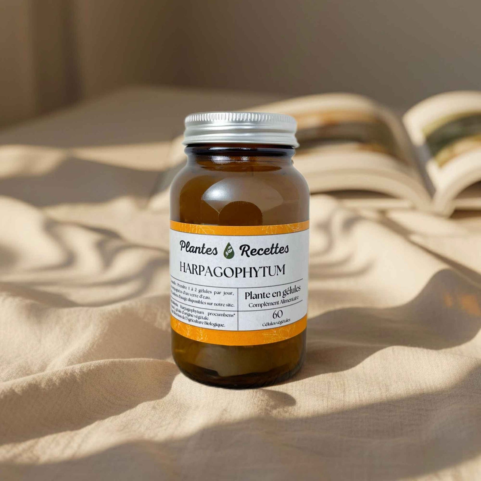 Gélules d’harpagophytum bio Plantes & Recettes, complément pour le confort articulaire et favoriser la souplesse, qualité herboristerie, fabrication française, capsules végétales vegan en pilulier verre ambré, cure 1 mois.