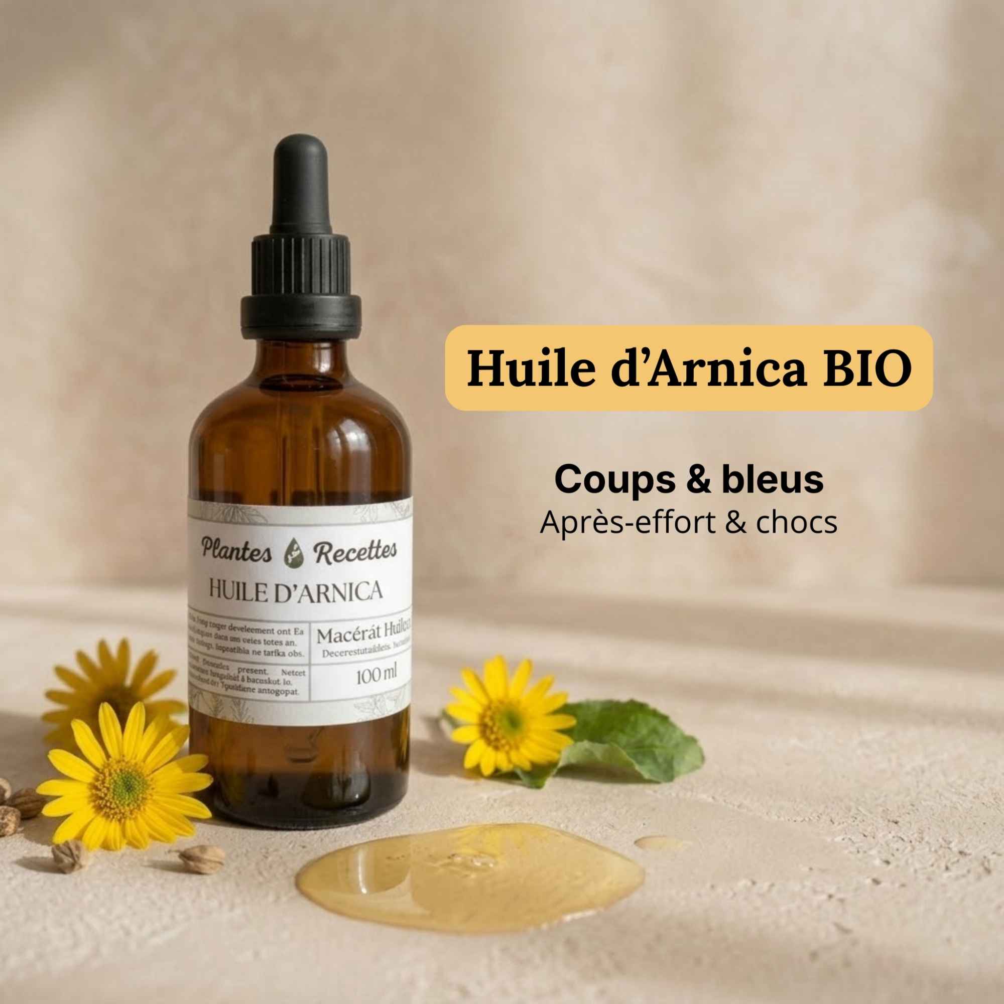 Huile d’arnica naturelle en flacon verre, préparation à base de fleurs d’arnica pour application locale