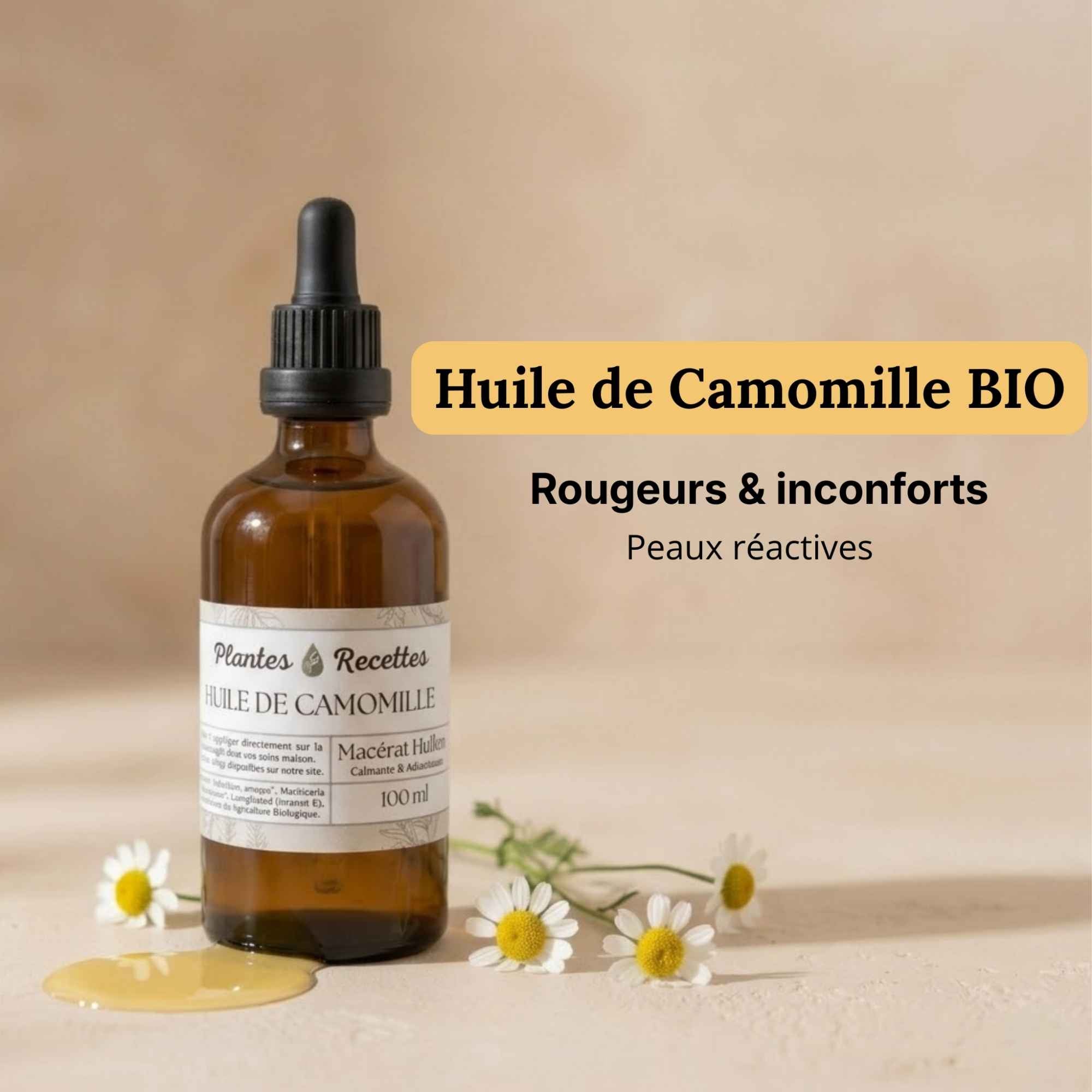 Huile de camomille naturelle en flacon verre, préparation douce utilisée pour les soins apaisants du quotidien
