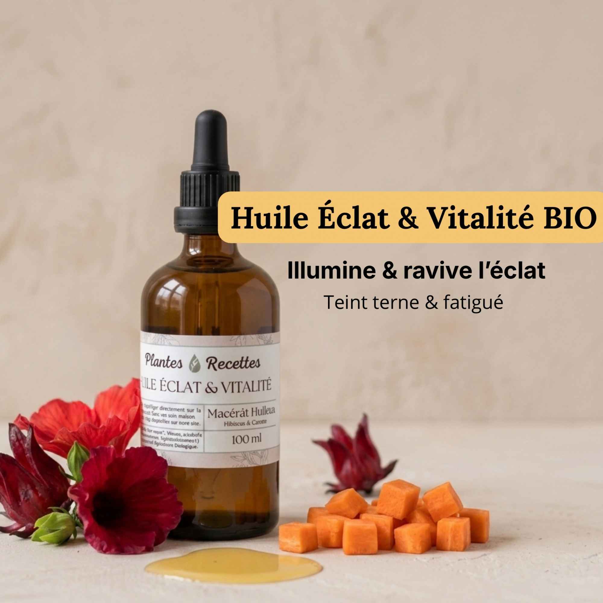 Huile naturelle à base de carotte et hibiscus, idéale pour apporter éclat et lumière à la peau