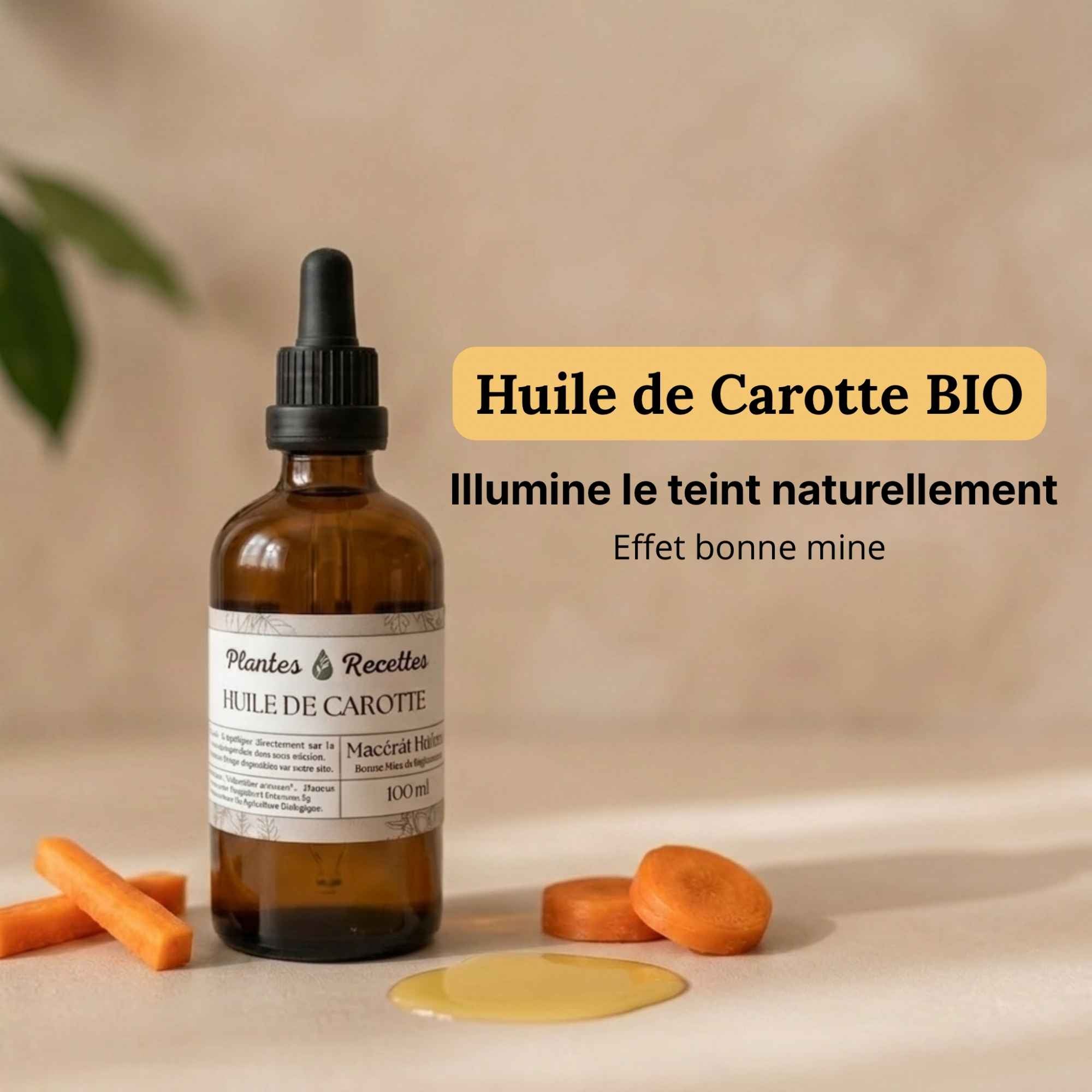 Huile de carotte naturelle en flacon verre, préparation utilisée pour illuminer le teint et nourrir la peau