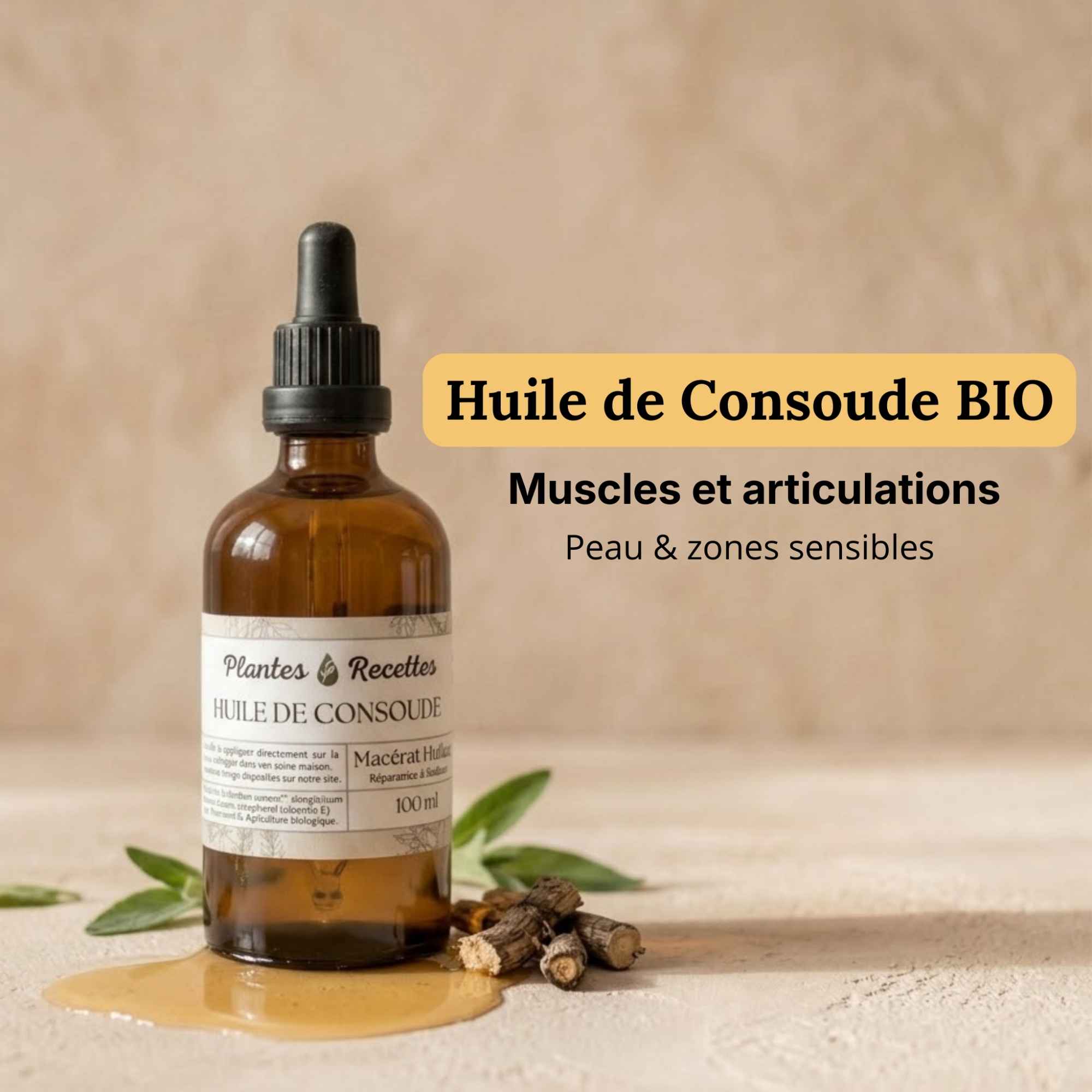 Huile de consoude naturelle en flacon verre, préparation à base de plante pour application cutanée