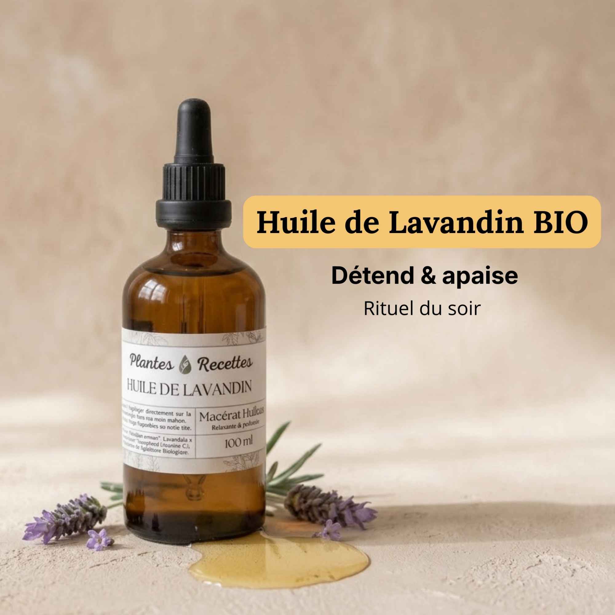 Huile de lavande naturelle en flacon verre, préparation aux notes aromatiques douces pour les soins du quotidien