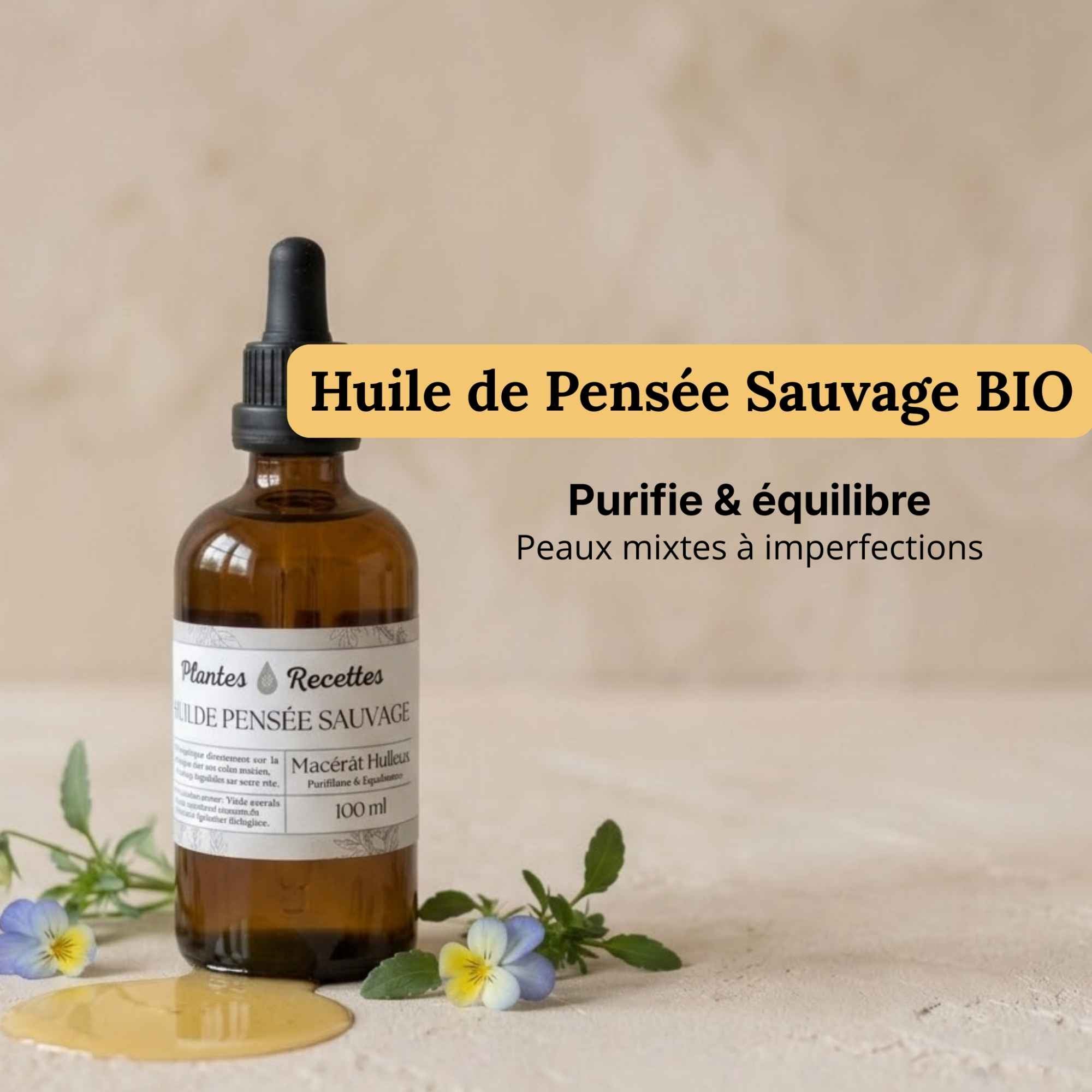 Huile de pensée sauvage naturelle en flacon verre, préparation douce utilisée pour les soins cutanés