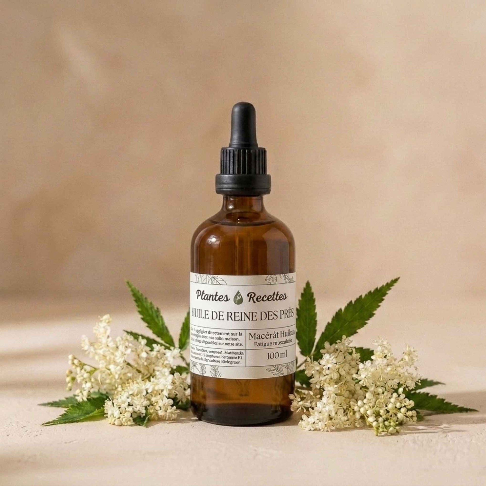 Huile de Reine des Prés BIO Plantes & Recettes, macérât huileux artisanal traditionnellement apprécié pour accompagner les massages des muscles sollicités.