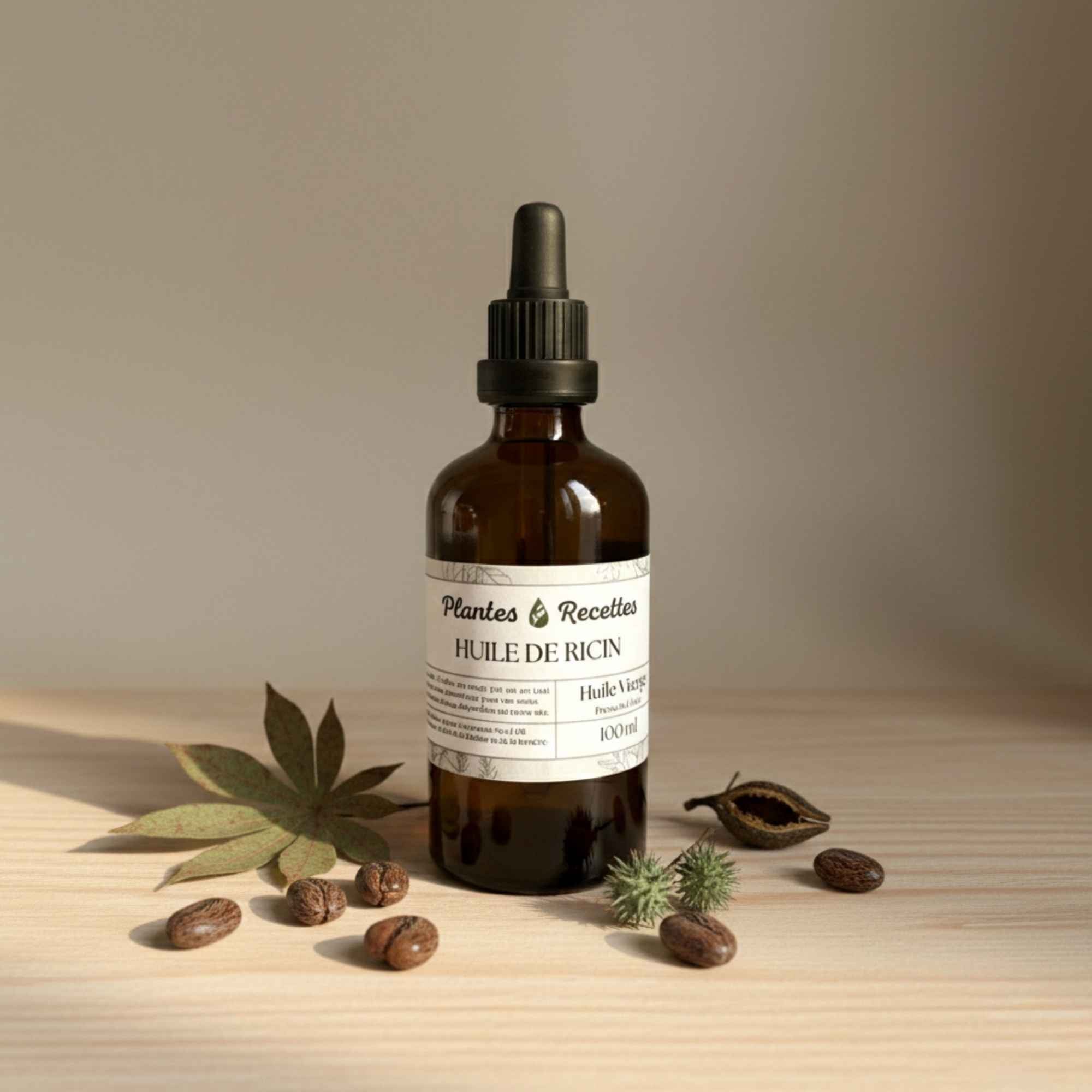 Huile végétale de ricin biologique en flacon en verre ambré avec compte-gouttes, utilisée en cosmétique pour les cheveux, les cils et les ongles – Plantes & Recettes