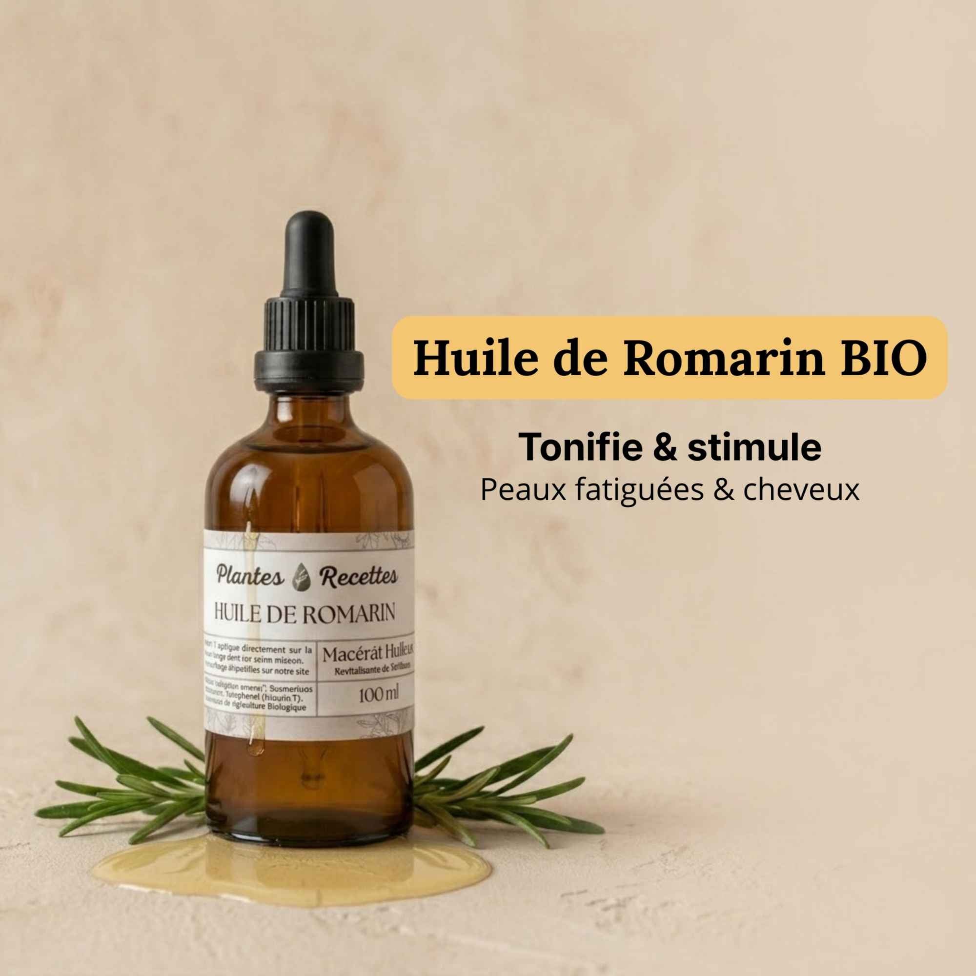 Huile de romarin naturelle en flacon verre, préparation utilisée pour les soins capillaires et cutanés