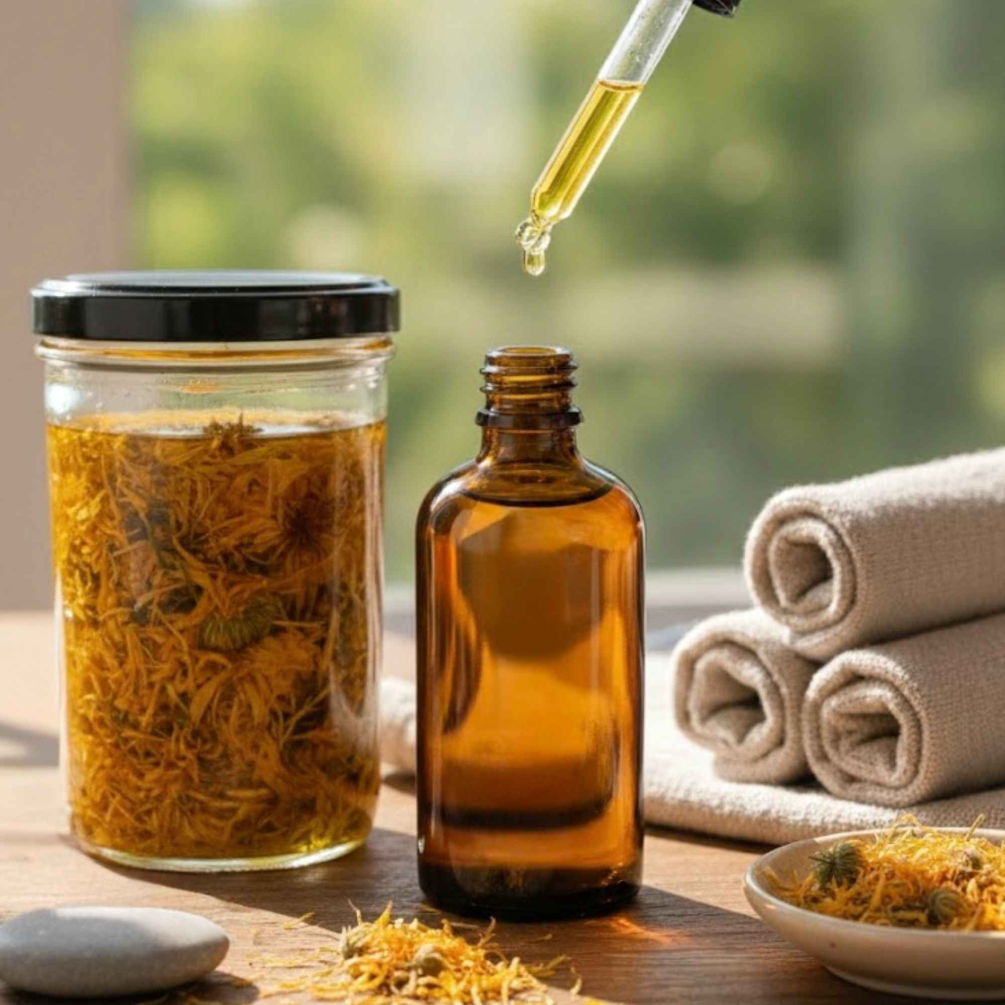 Huile de soin au calendula filtrée et conservée dans un flacon en verre ambré après macération