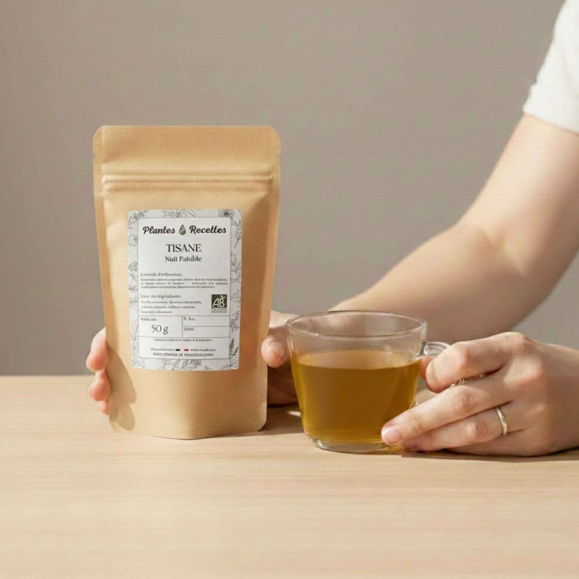 Tisane Nuit Paisible bio servie en tasse – infusion naturelle pour un moment calme le soir