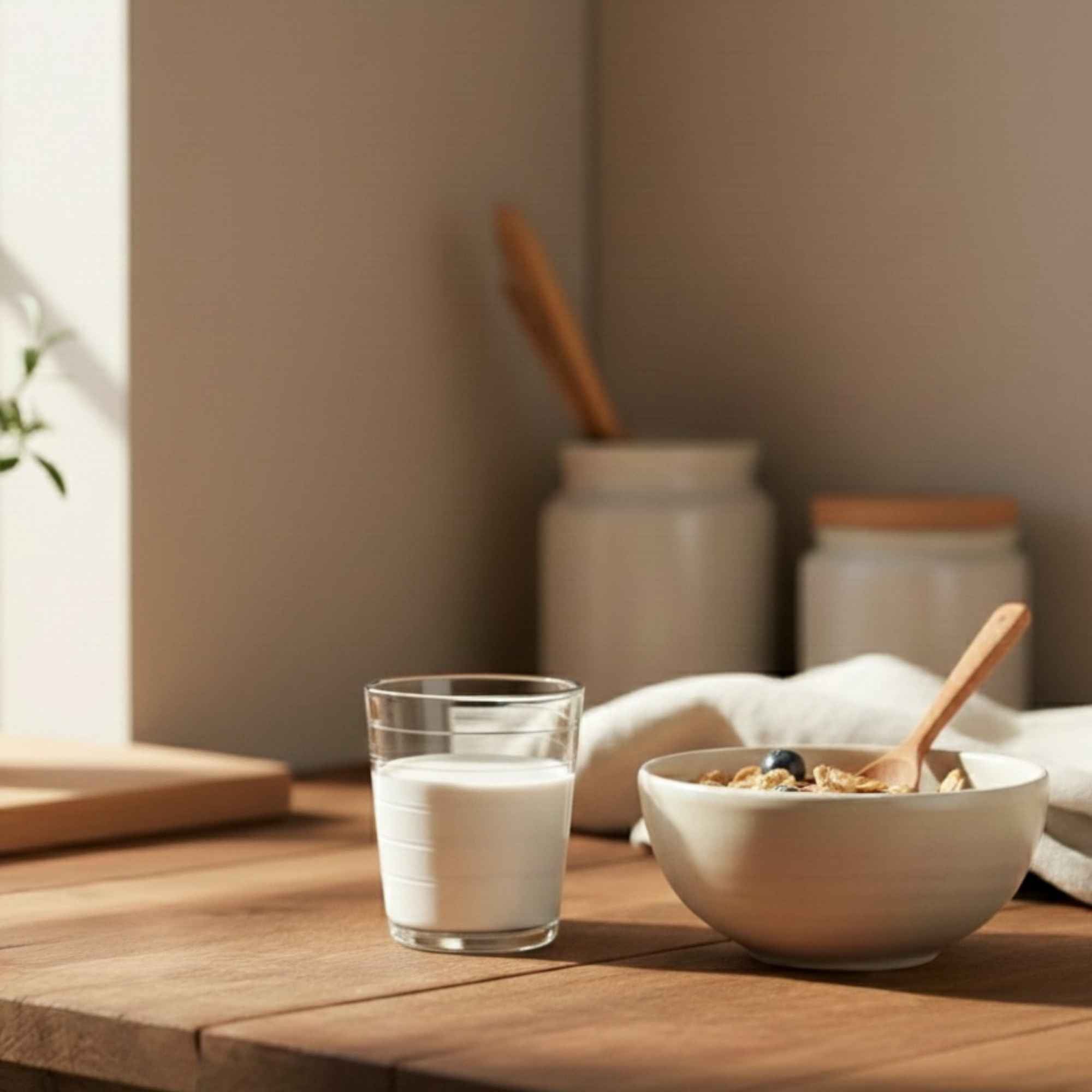 Kéfir de lait maison consommé au petit-déjeuner avec céréales, boisson probiotique naturelle.