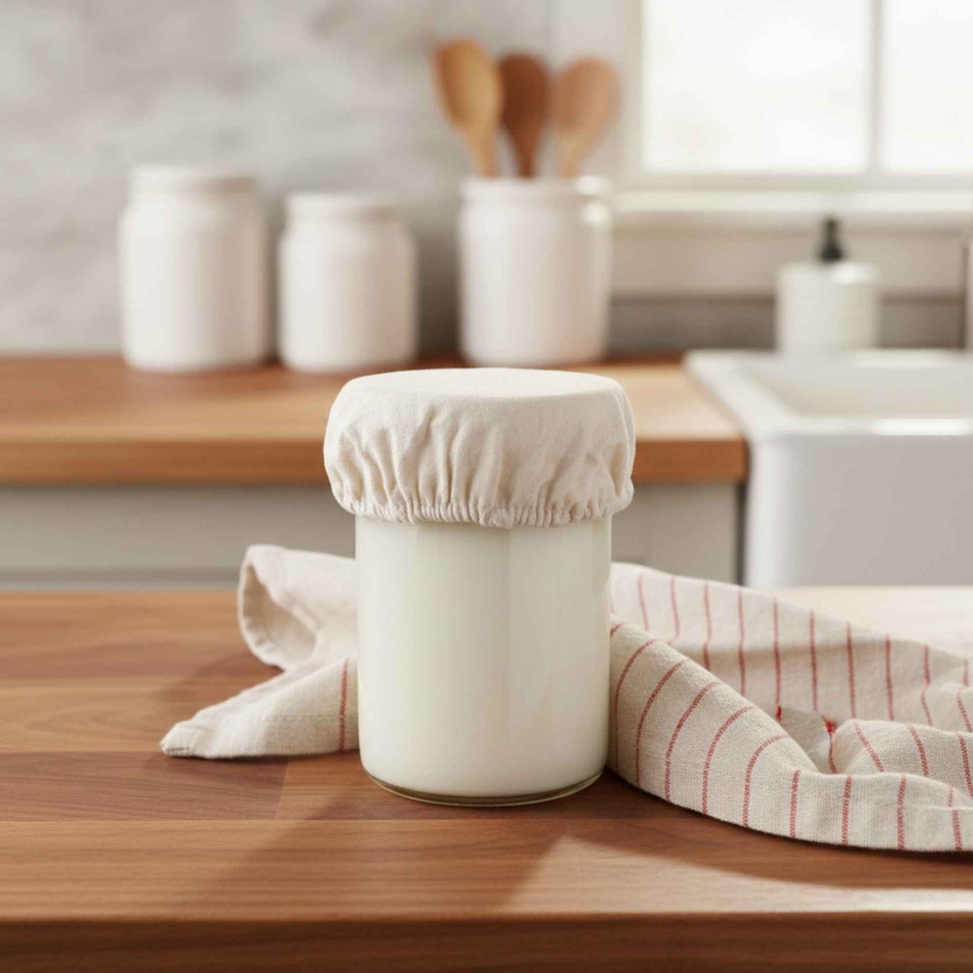 Kéfir de lait maison en fermentation dans un bocal recouvert d’un couvre-pot en tissu.