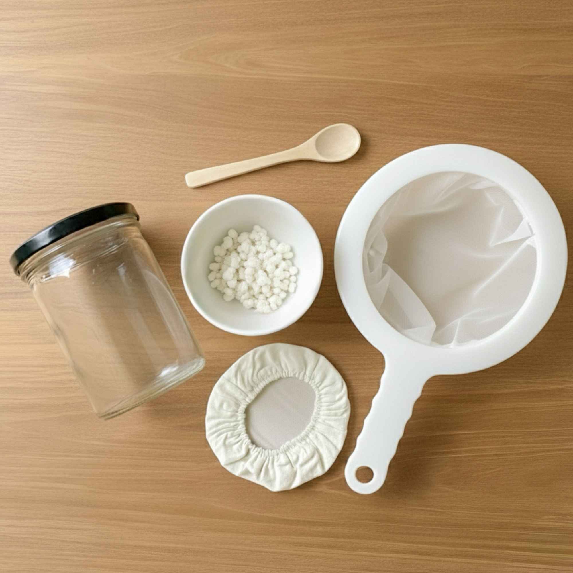 Kit kéfir de lait complet avec bocal, filtre en nylon, souche de kéfir, couvre-pot et cuillère en bois.