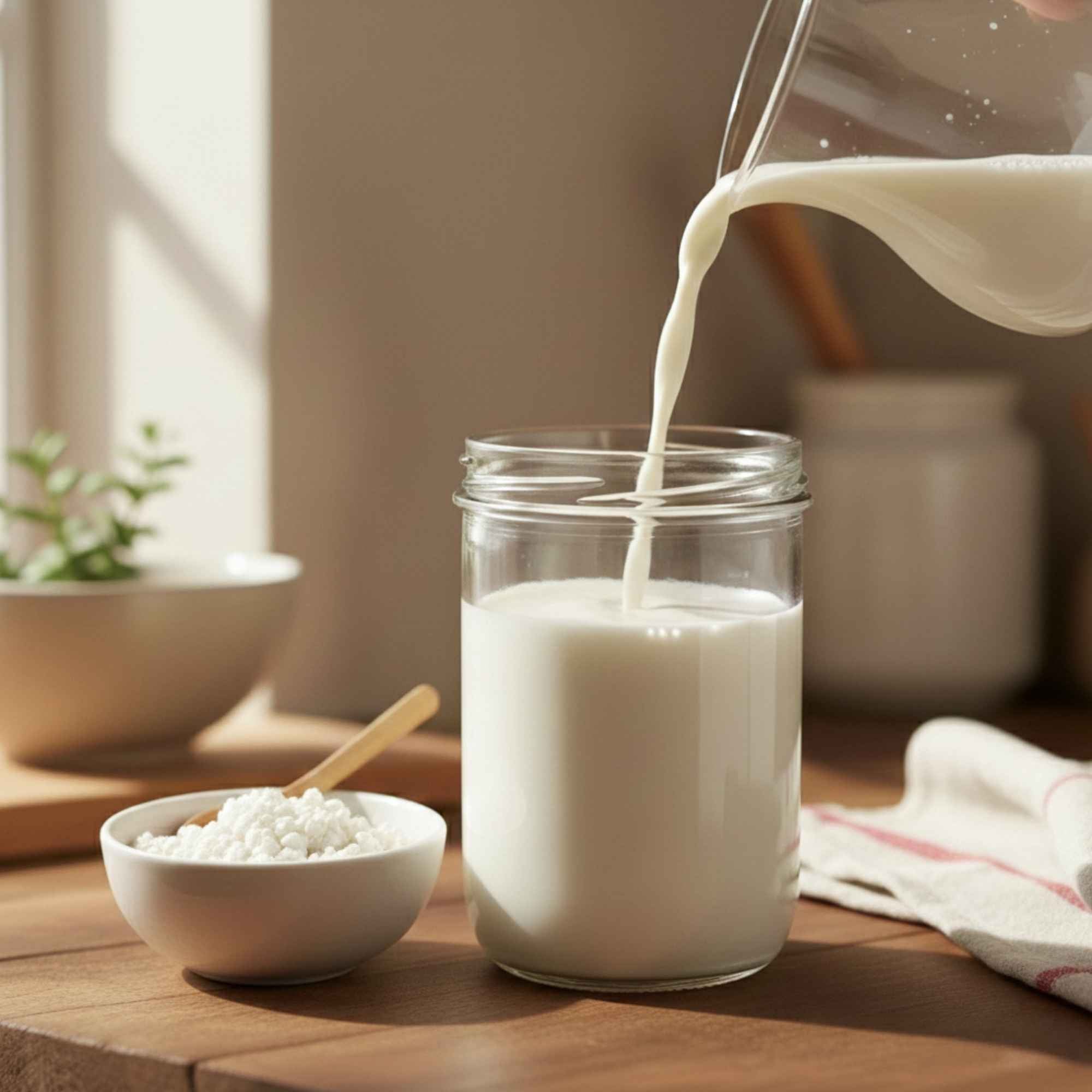 Kit kéfir de lait maison avec bocal en verre, lait frais et souche de kéfir prête à l’emploi.