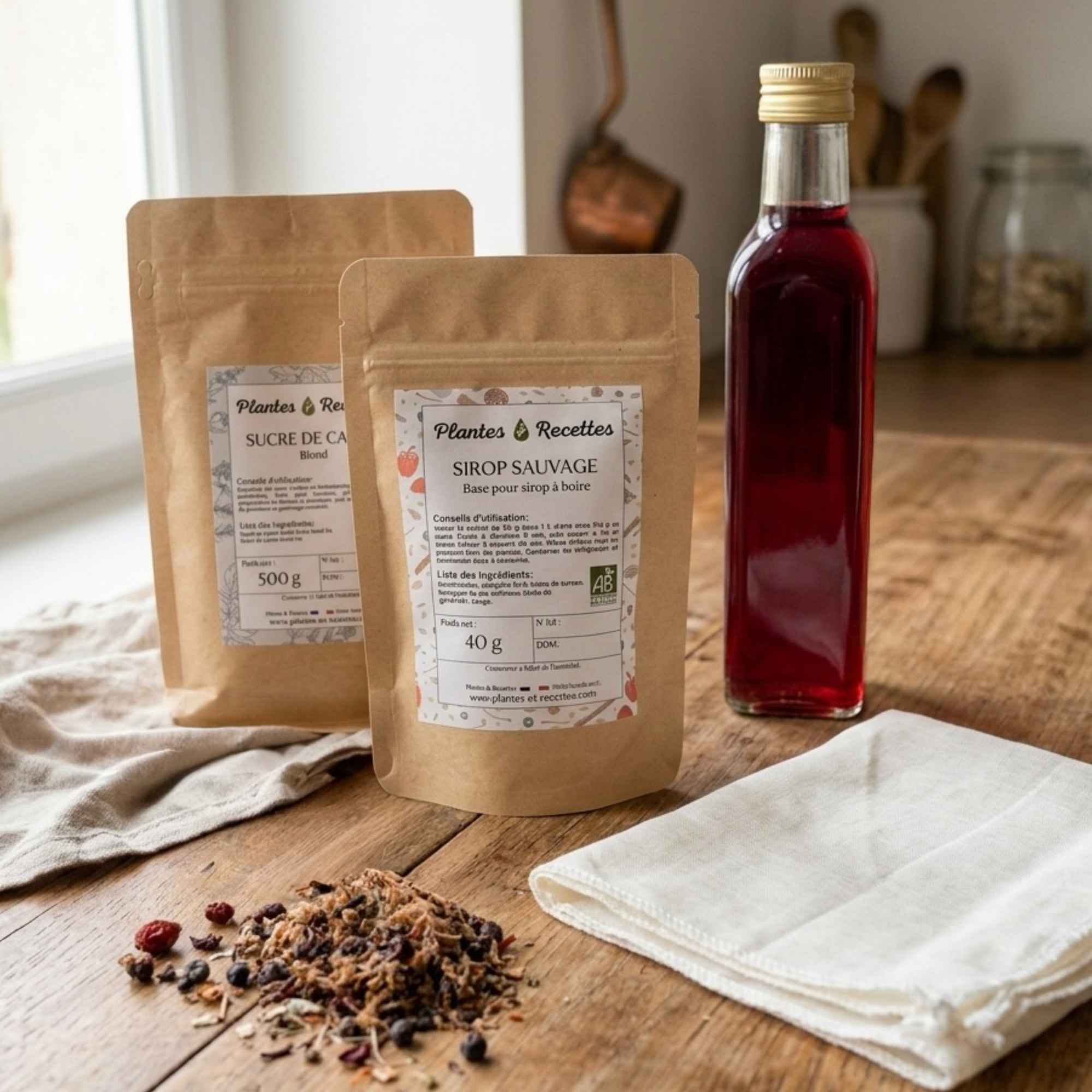Kit sirop maison aux plantes sauvages bio avec ingrédients et accessoires – Plantes & Recettes