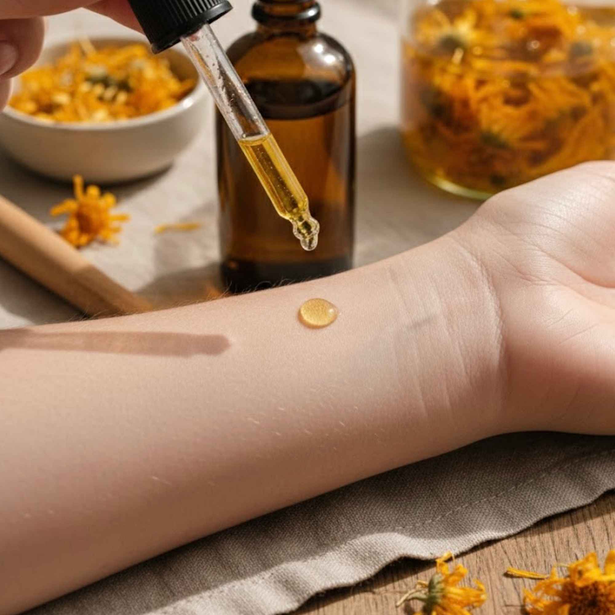 Application d’une huile de soin apaisante au calendula sur la peau, préparée avec le kit recette Plantes & Recettes