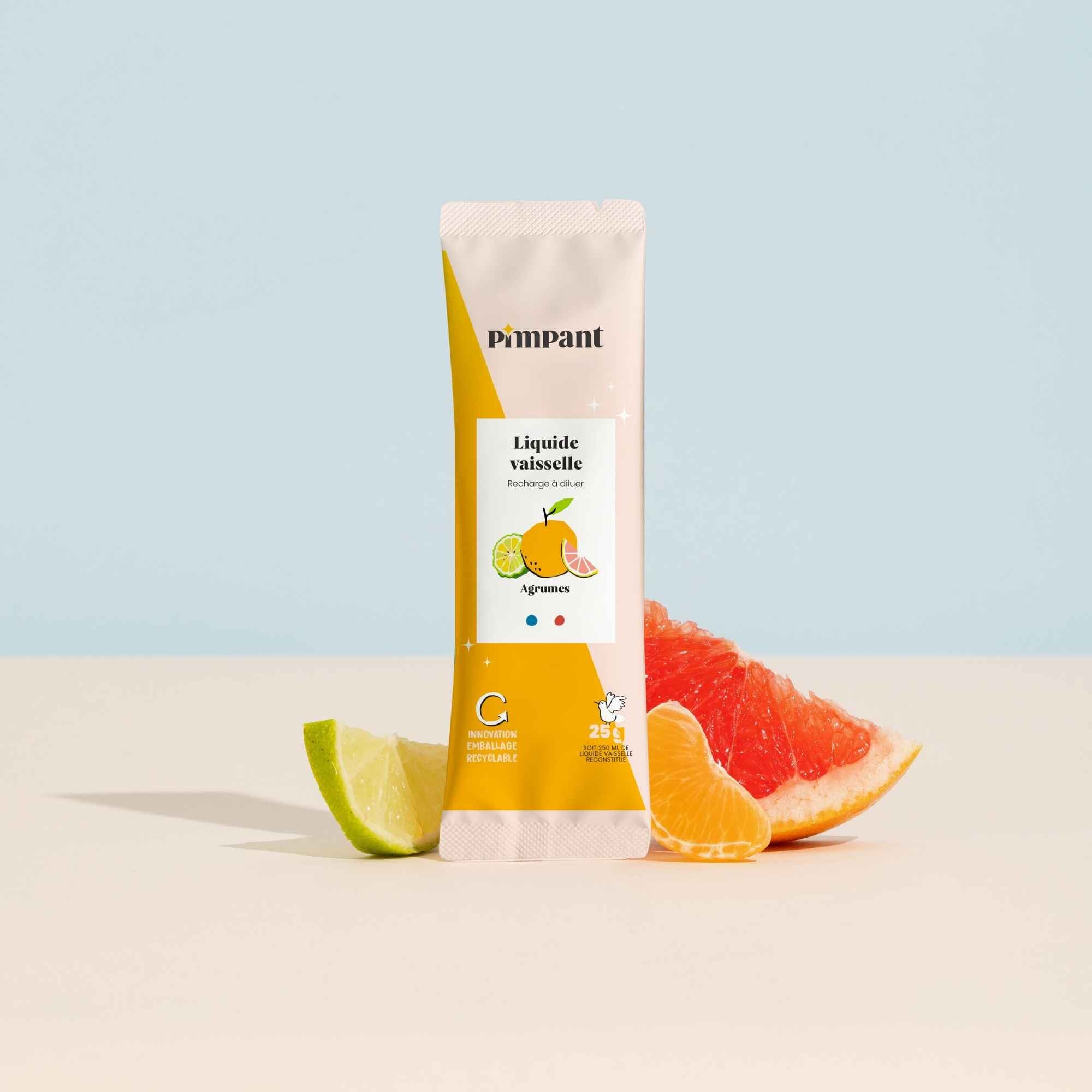 Liquide vaisselle Pimpant aux agrumes, en recharge à diluer. Naturel et écologique, efficace et moussant, avec flacon en verre réutilisable.