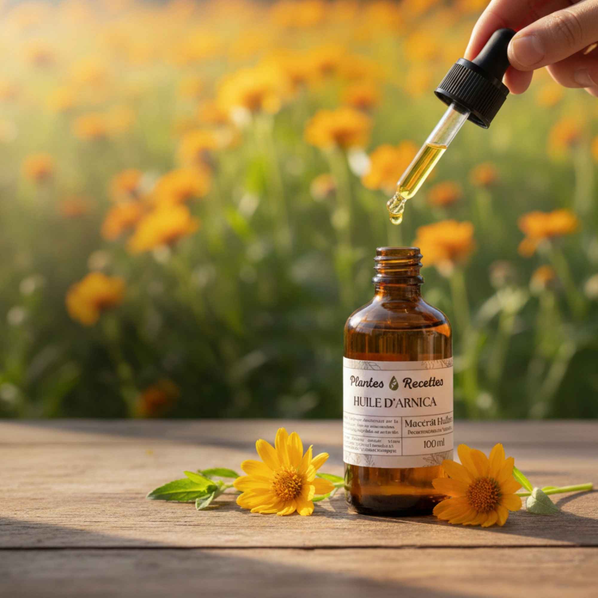 Macérât huileux d’arnica bio appliqué en massage sur les muscles et les zones sollicitées, pour un soin décontractant et relaxant – Plantes & Recettes