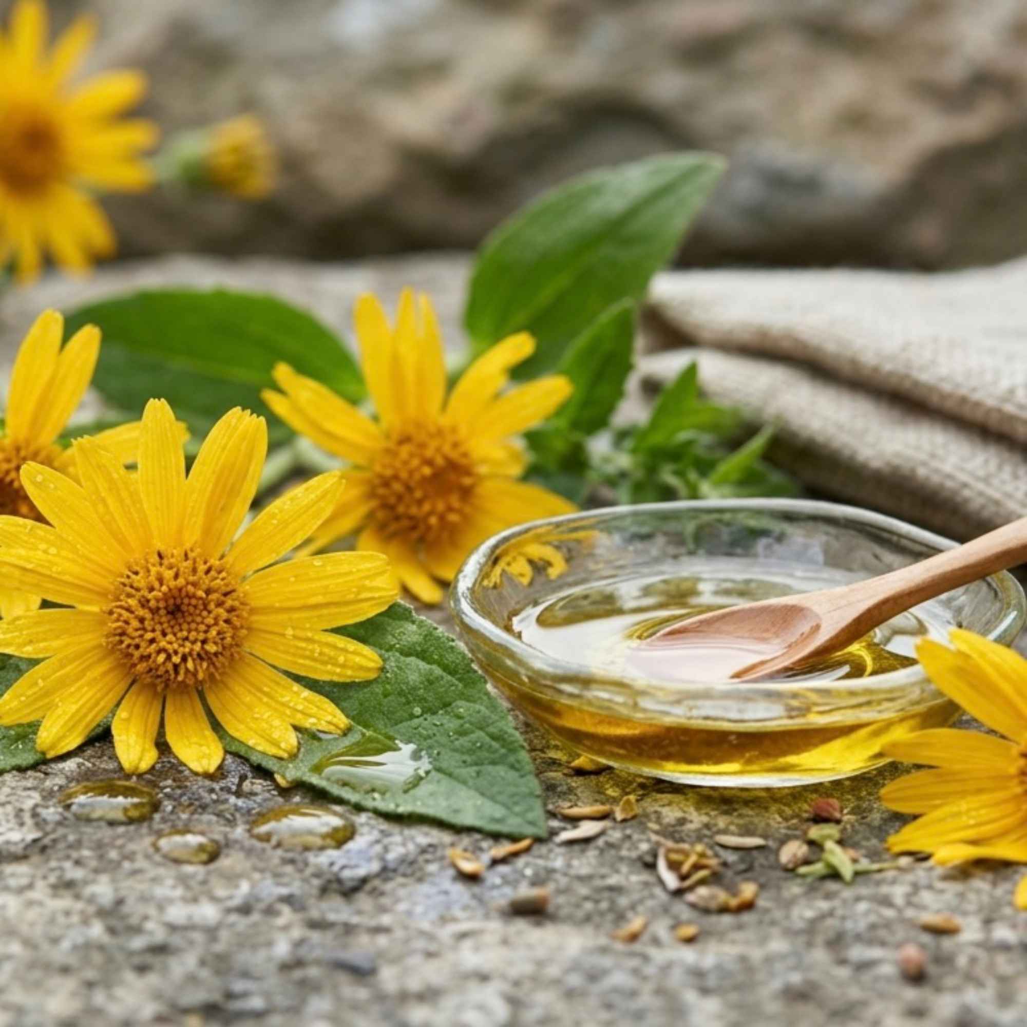 Macérât huileux obtenu à partir de fleurs d’Arnica montana, plante reconnue pour son usage traditionnel en soin corporel