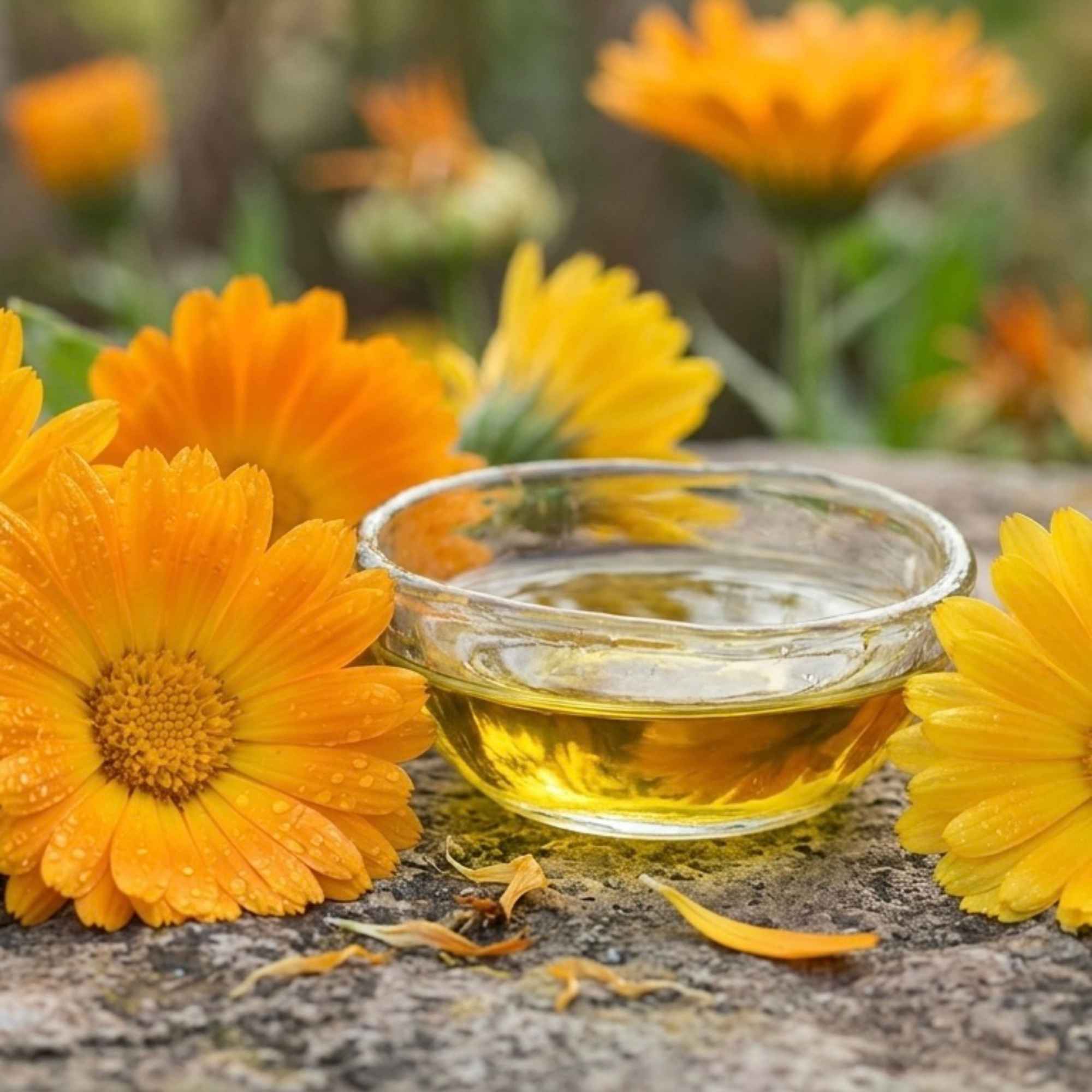 Macérât huileux obtenu à partir de fleurs de calendula (souci officinal), plante reconnue en soin cutané