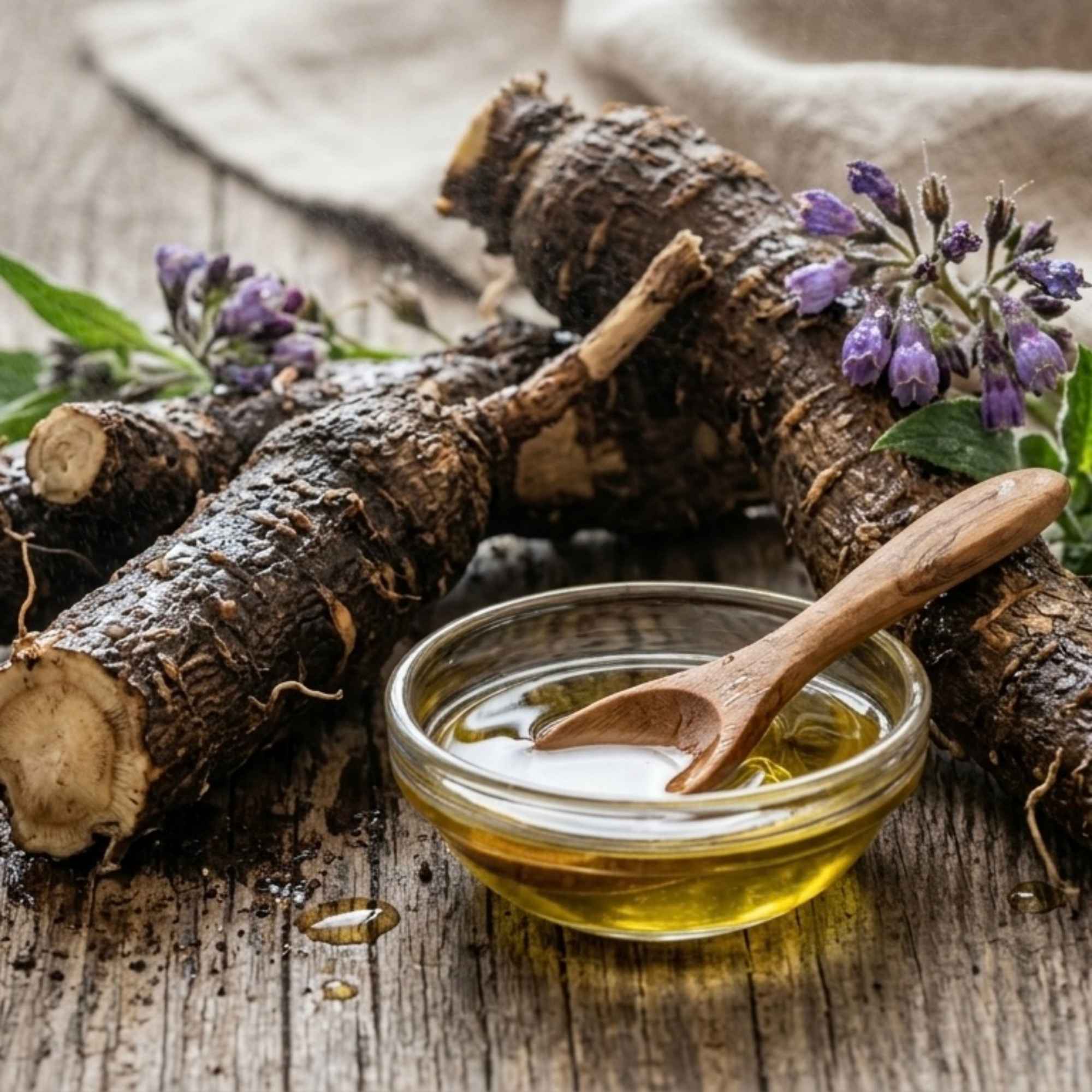 Macérât huileux de consoude à base de feuilles et racines, plante traditionnellement utilisée en usage externe