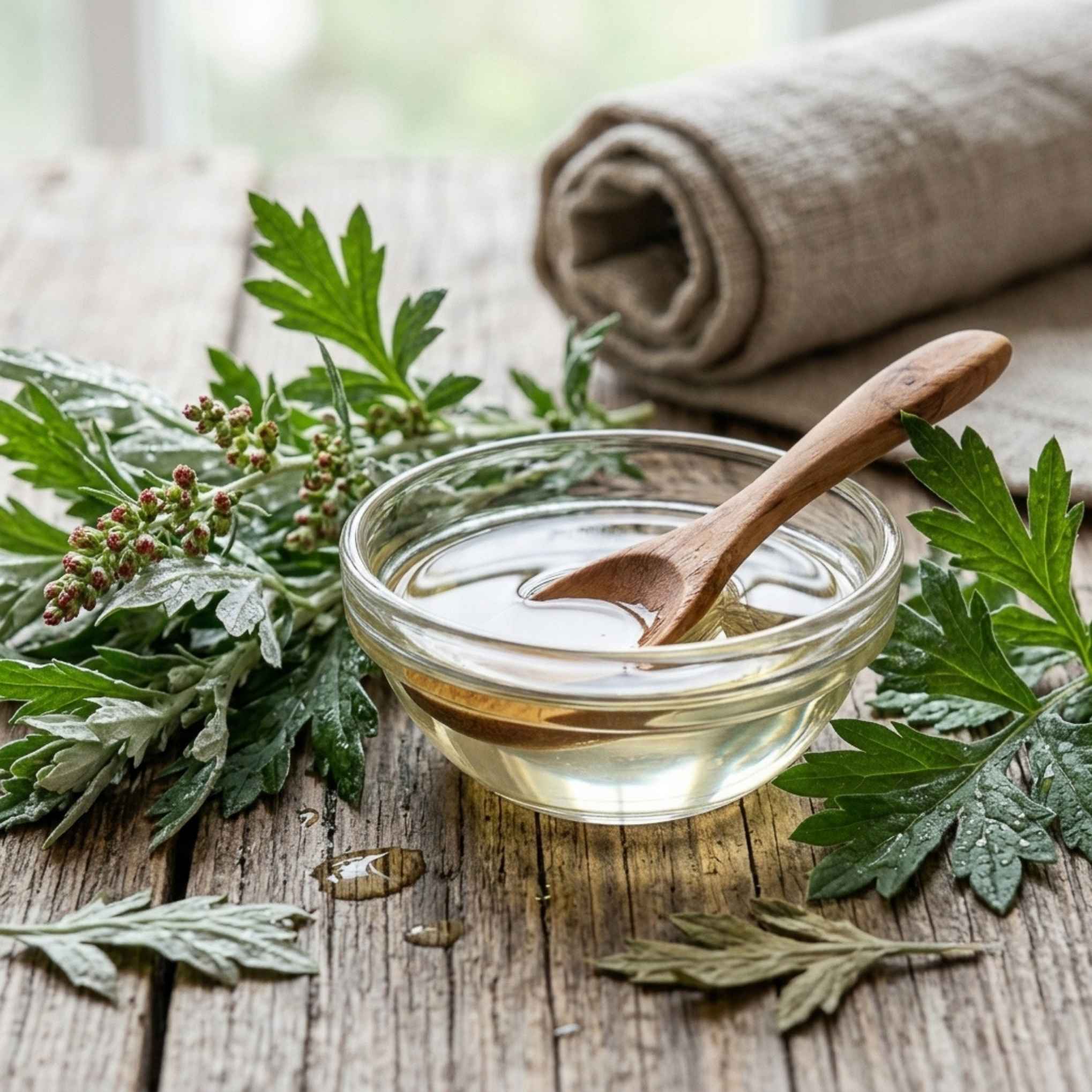 Macérât huileux d'Armoise BIO utilisé en massage du corps et dans une routine de bien-être féminin ou de cosmétique maison.