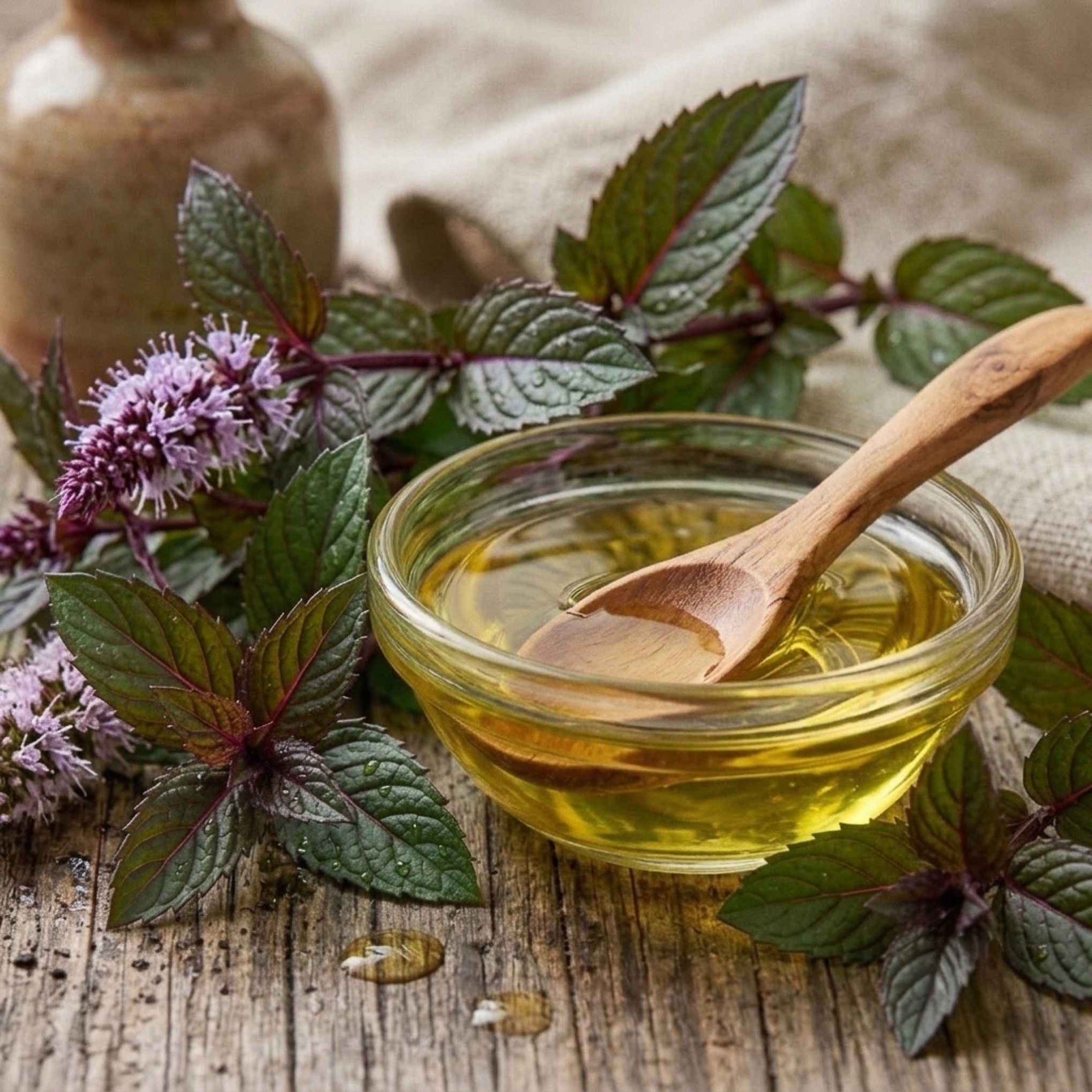 Macérât huileux de Menthe Poivrée BIO utilisé en massage pour procurer une agréable sensation de fraîcheur et compléter une routine bien-être.