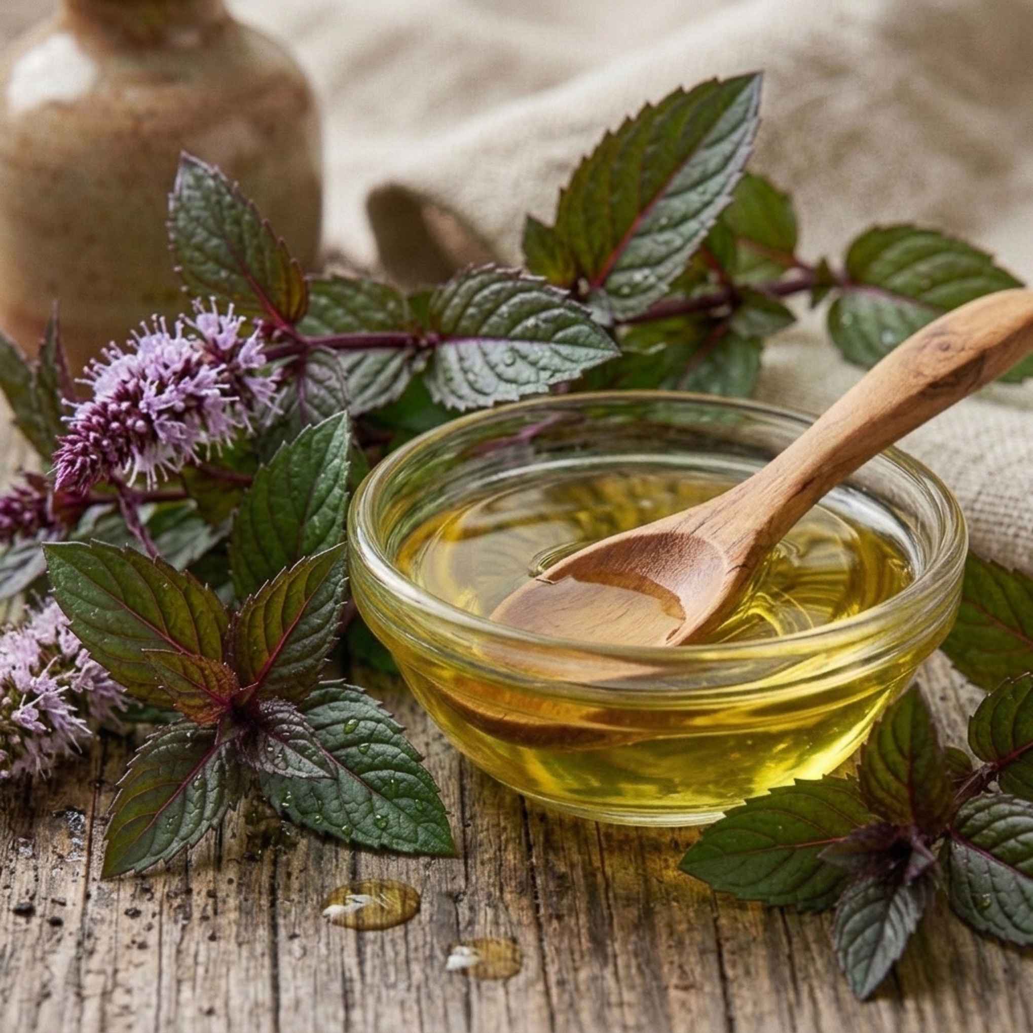 Macérât huileux de Menthe Poivrée BIO utilisé en massage pour procurer une agréable sensation de fraîcheur et compléter une routine bien-être.