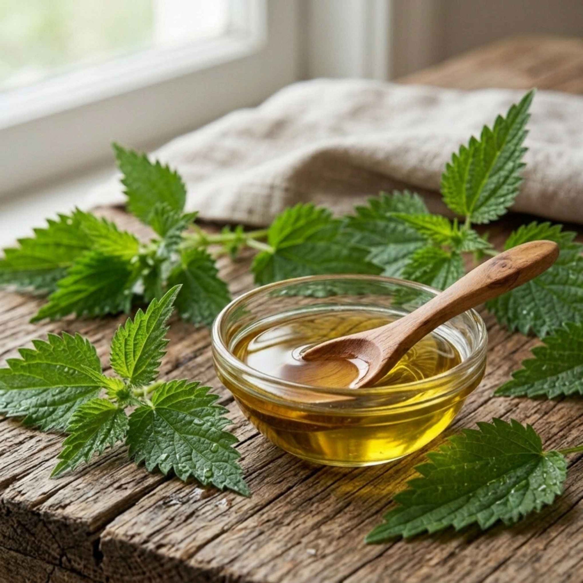 Macérât huileux d'Ortie BIO utilisé pour les soins capillaires, les massages du cuir chevelu et les préparations cosmétiques maison.