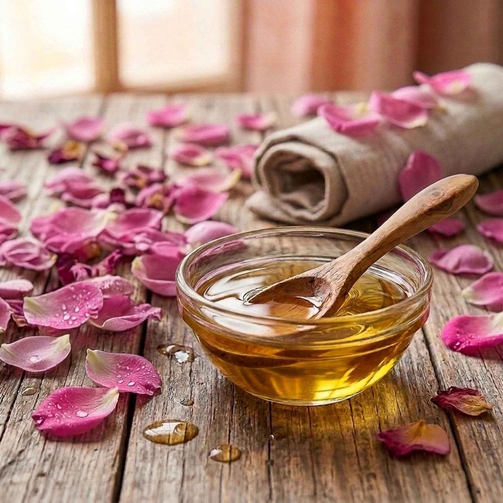 Macérât huileux de Rose BIO utilisé dans une routine beauté naturelle pour nourrir la peau et prendre soin du visage.