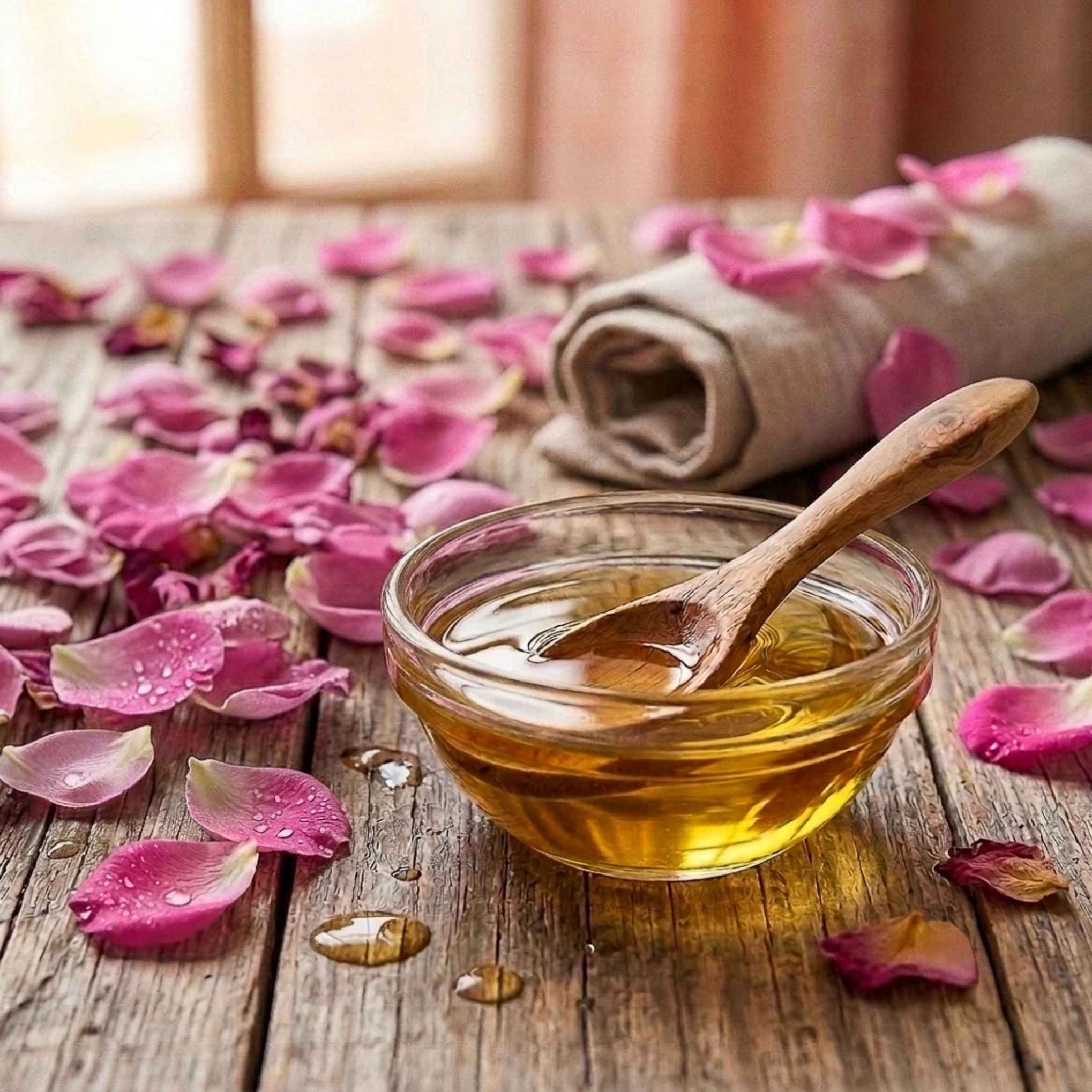 Macérât huileux de Rose BIO utilisé dans une routine beauté naturelle pour nourrir la peau et prendre soin du visage.