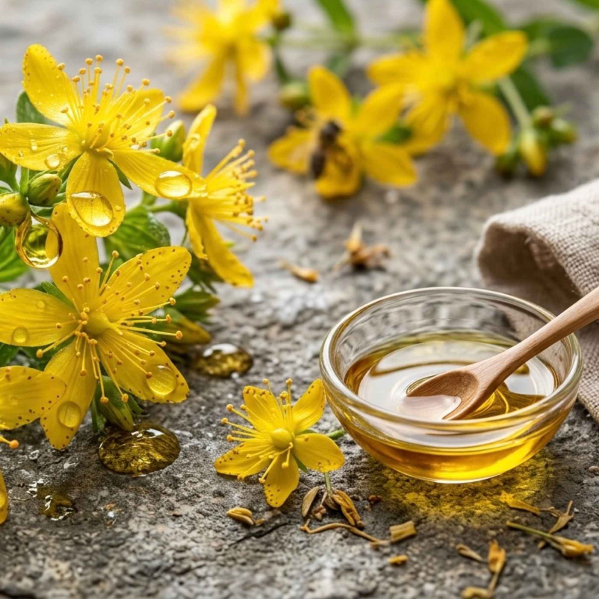 Macérât huileux obtenu à partir de fleurs de millepertuis, plante reconnue pour ses usages traditionnels en soin externe