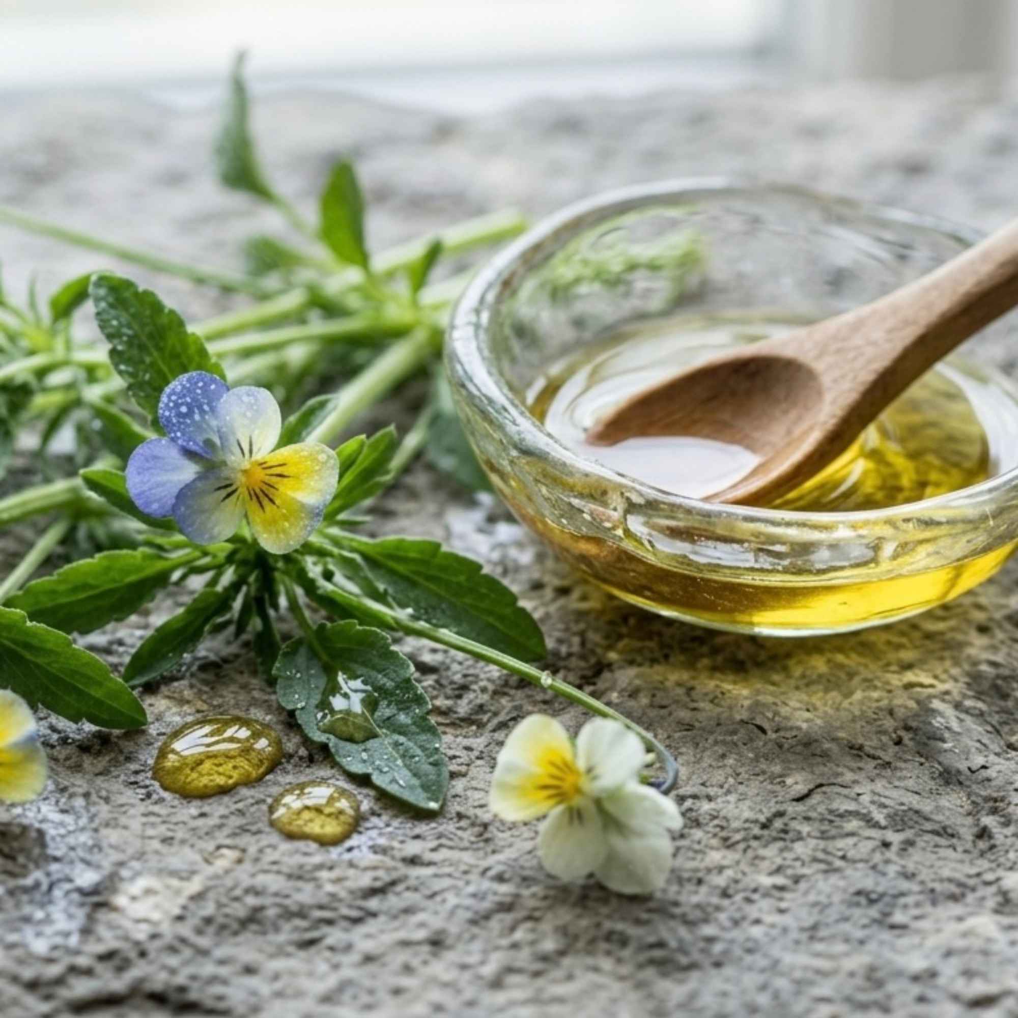 Macérât huileux obtenu à partir de fleurs de pensée sauvage, plante reconnue pour ses usages traditionnels en cosmétique