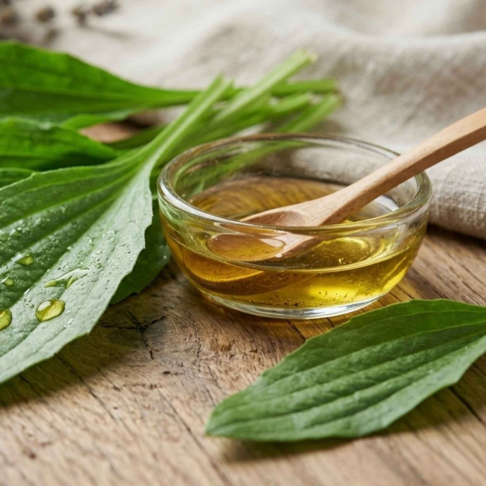 Macérât huileux obtenu à partir de feuilles de plantain, plante reconnue pour ses usages traditionnels en soin externe