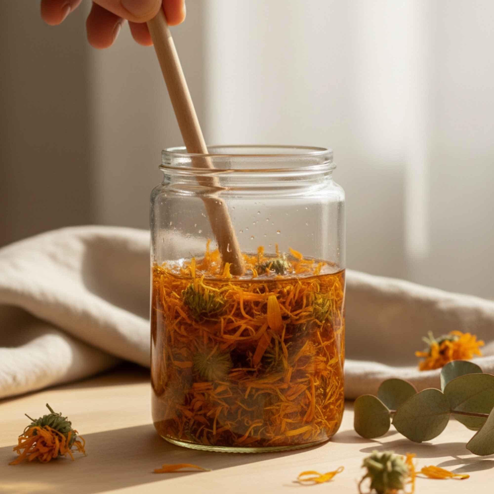 Fleurs de calendula en macération dans une huile végétale pour préparer une huile de soin apaisante maison