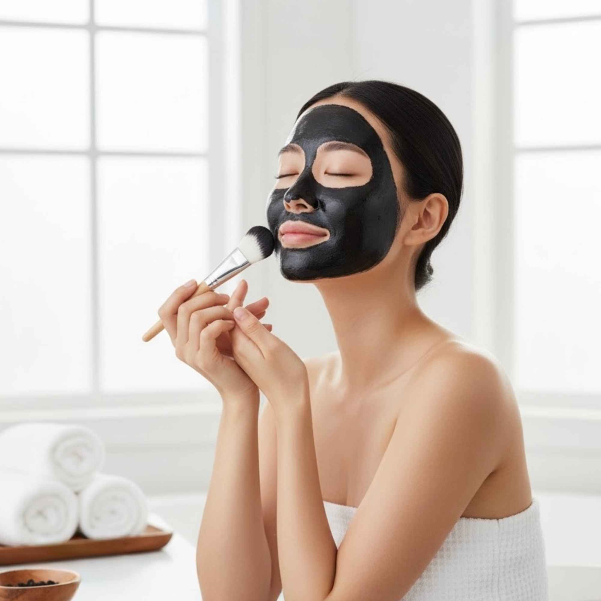 Application d’un masque purifiant au charbon actif Plantes & Recettes, soin naturel pour détoxifier la peau et resserrer les pores.