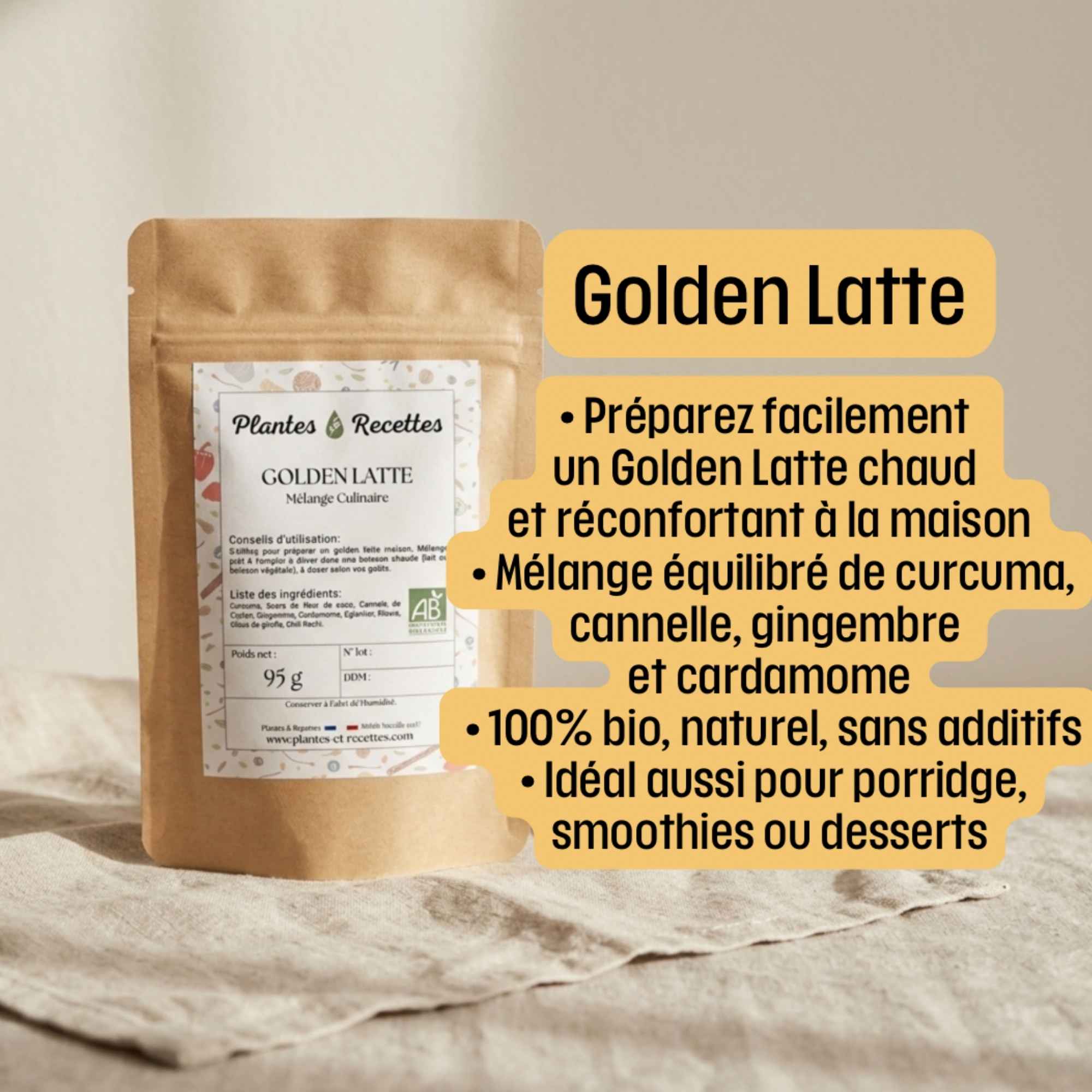 Mélange golden latte maison à base de curcuma et épices naturelles