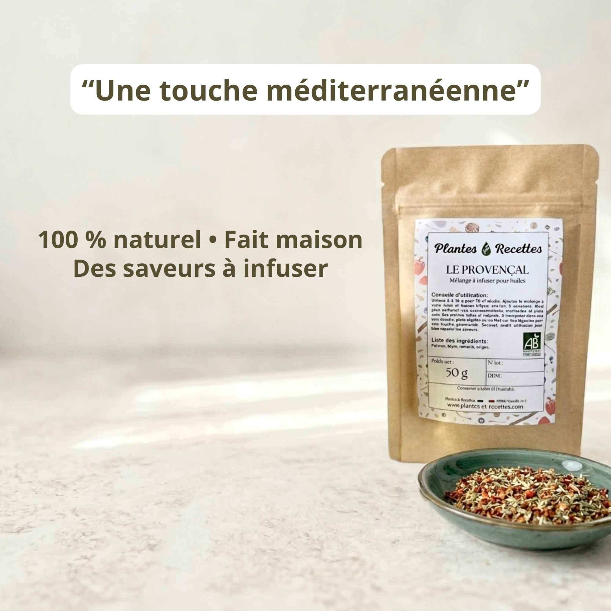 Mélange d’herbes bio pour huile infusée aux saveurs du sud, idéal pour aromatiser vos plats