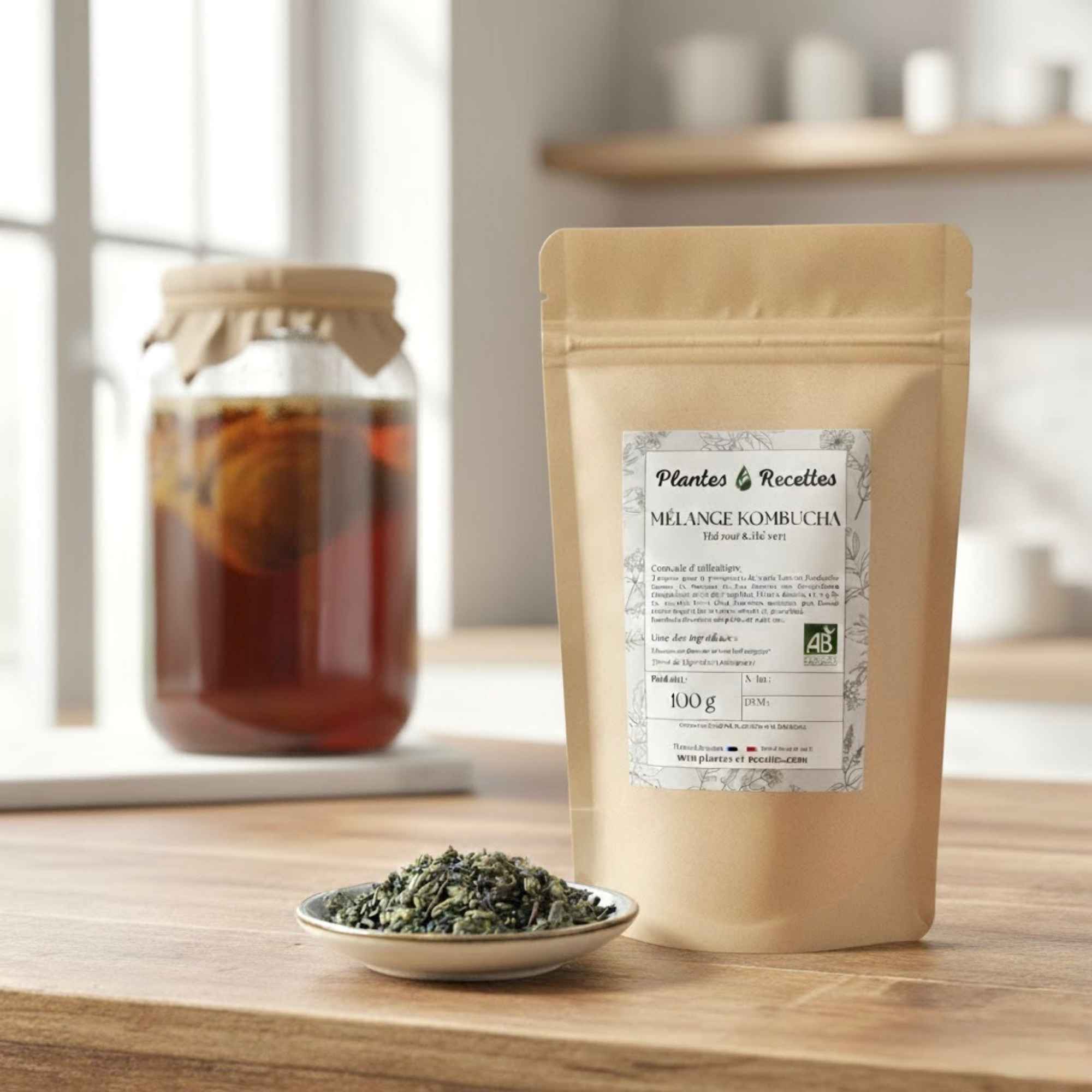 Infusion du mélange de thés bio Plantes & Recettes pour kombucha, première étape d’une boisson fermentée naturelle et équilibrée.