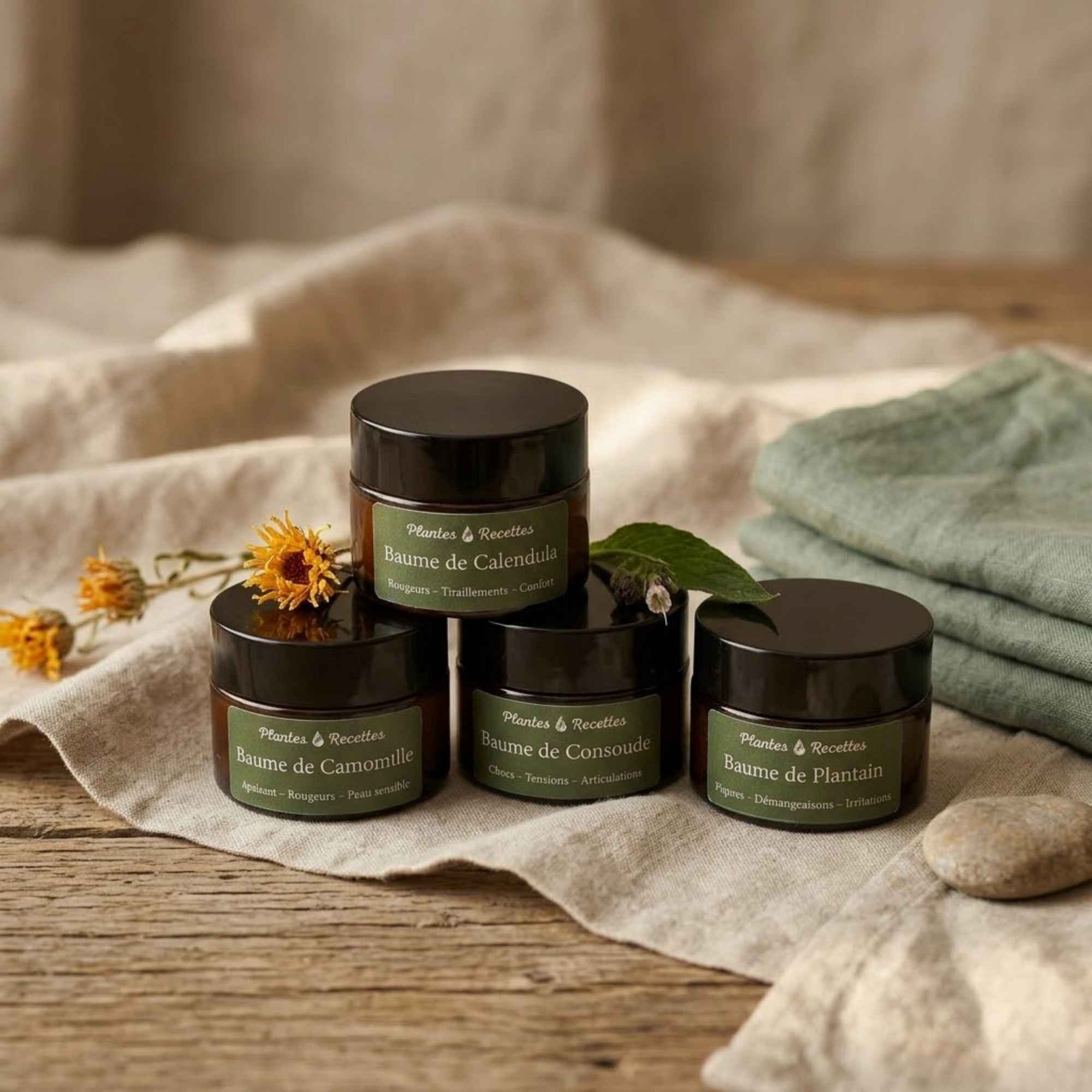 Pack de 4 baumes naturels Plantes & Recettes regroupant calendula, camomille, consoude et plantain