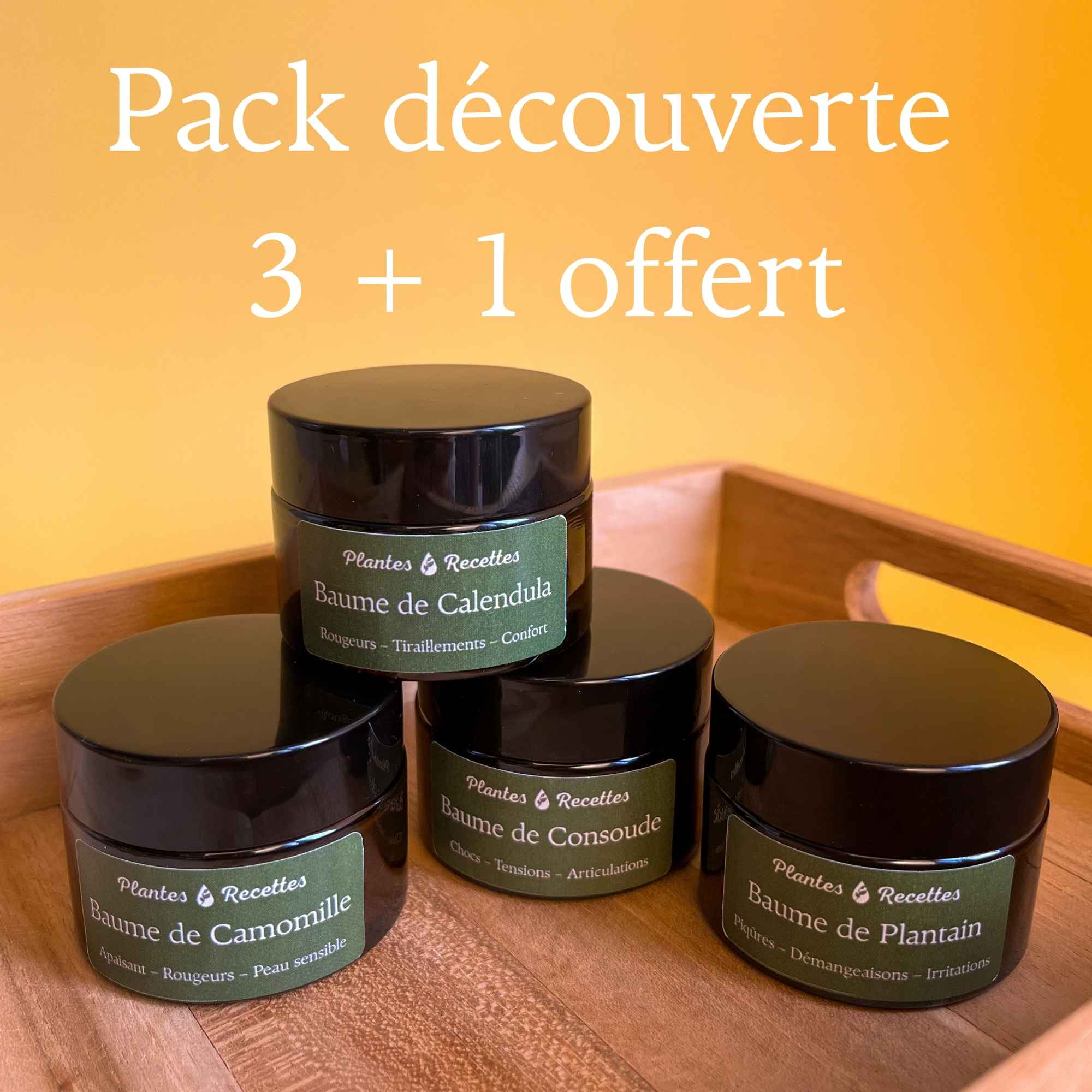 Pack Découverte Plantes & Recettes – 4 baumes artisanaux : Plantain, Calendula, Camomille et Consoude. Offre spéciale 3 achetés + 1 offert, fabriqués dans notre atelier des Hauts-de-France.