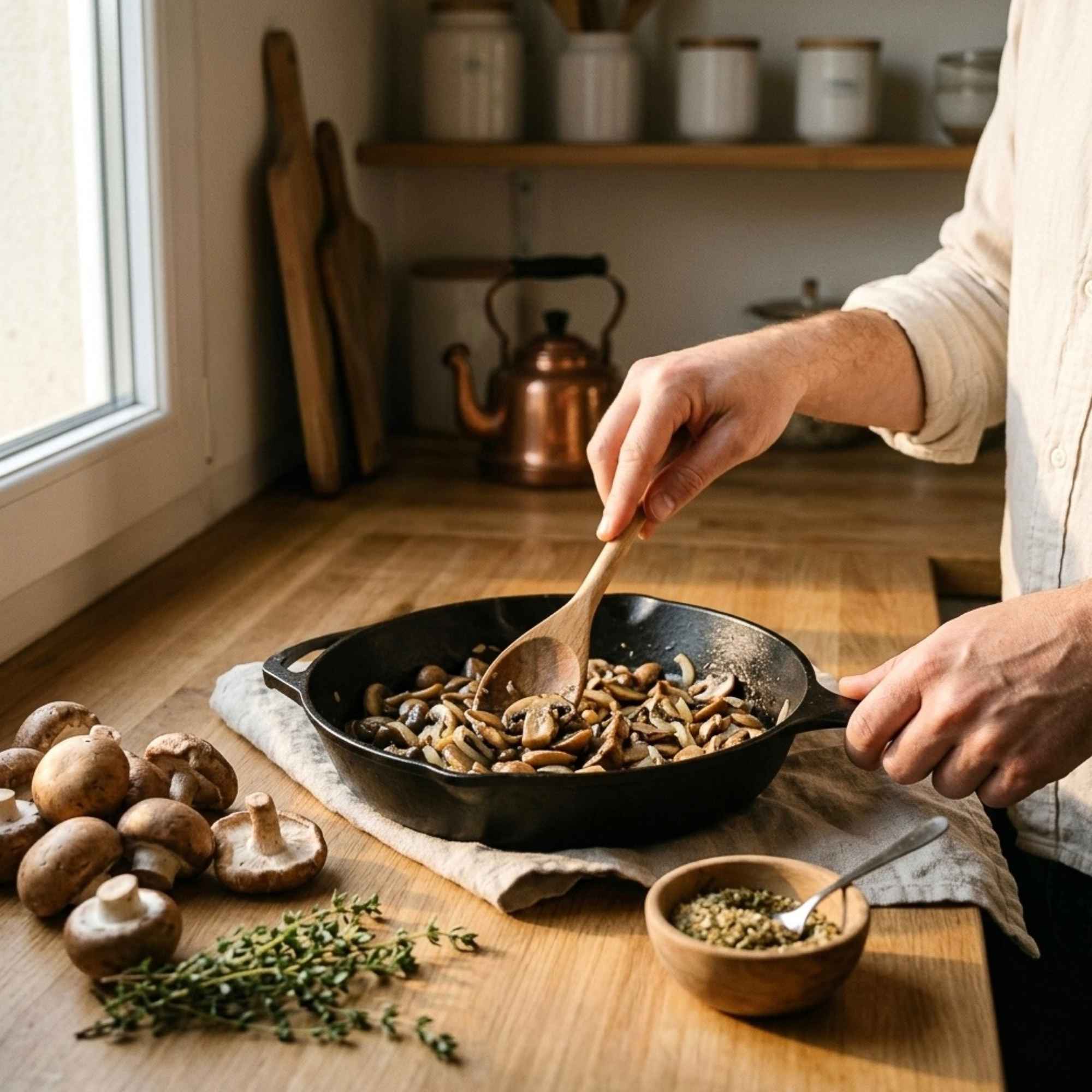 Champignons poêlés et assaisonnés avec notre mélange d’épices bio pendant la cuisson