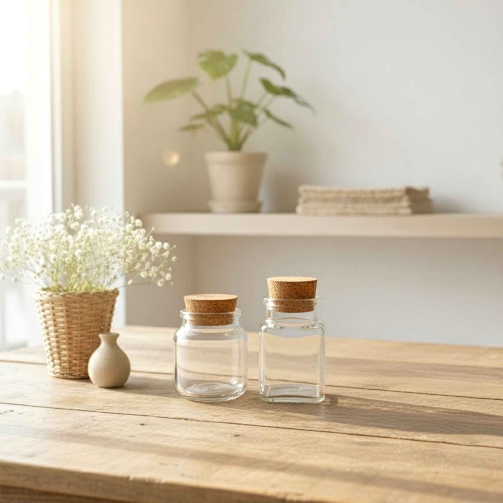 Pot en verre avec bouchon liège, idéal pour recettes maison et infusions.