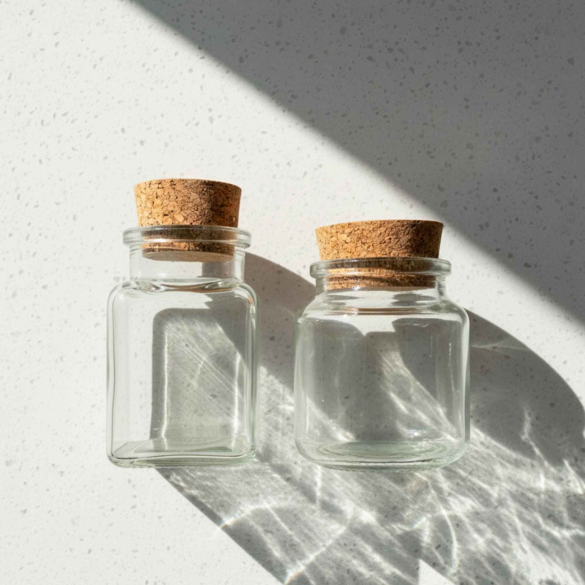 Pot en verre transparent avec bouchon en liège, pratique et décoratif.