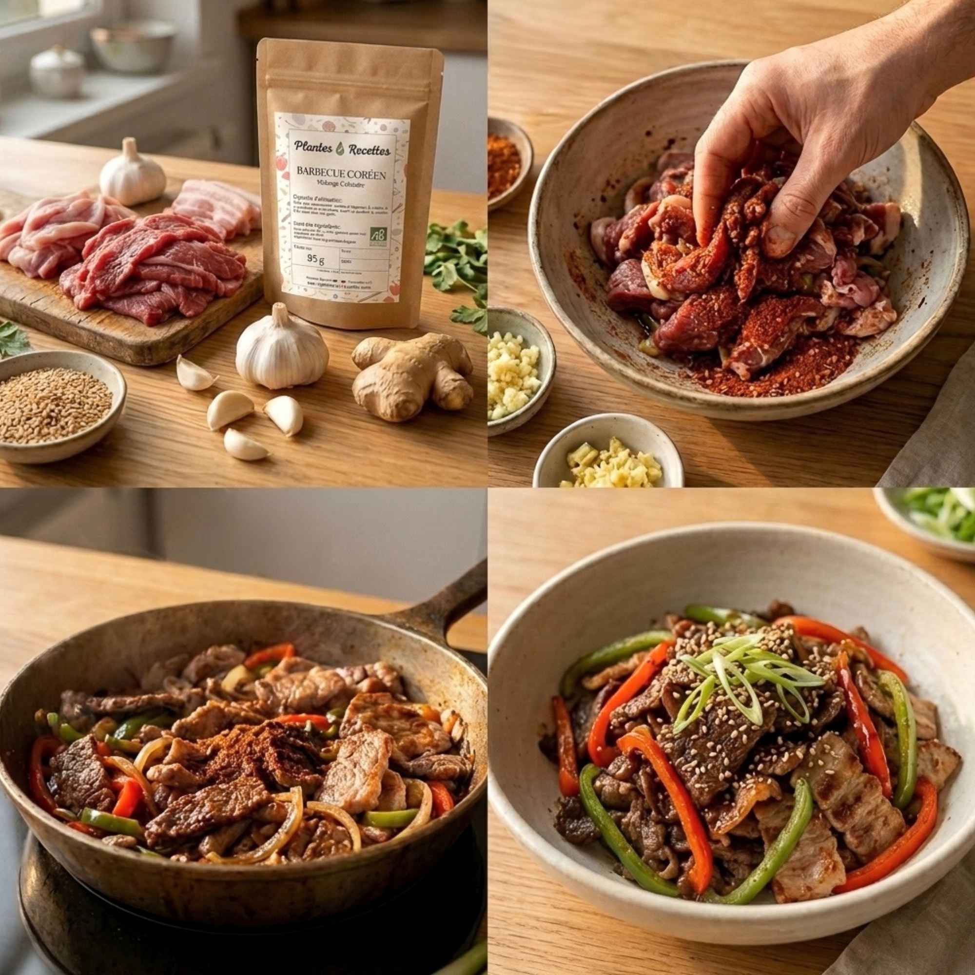 Étapes de préparation d’un barbecue coréen avec viande, légumes et mélange d’épices bio