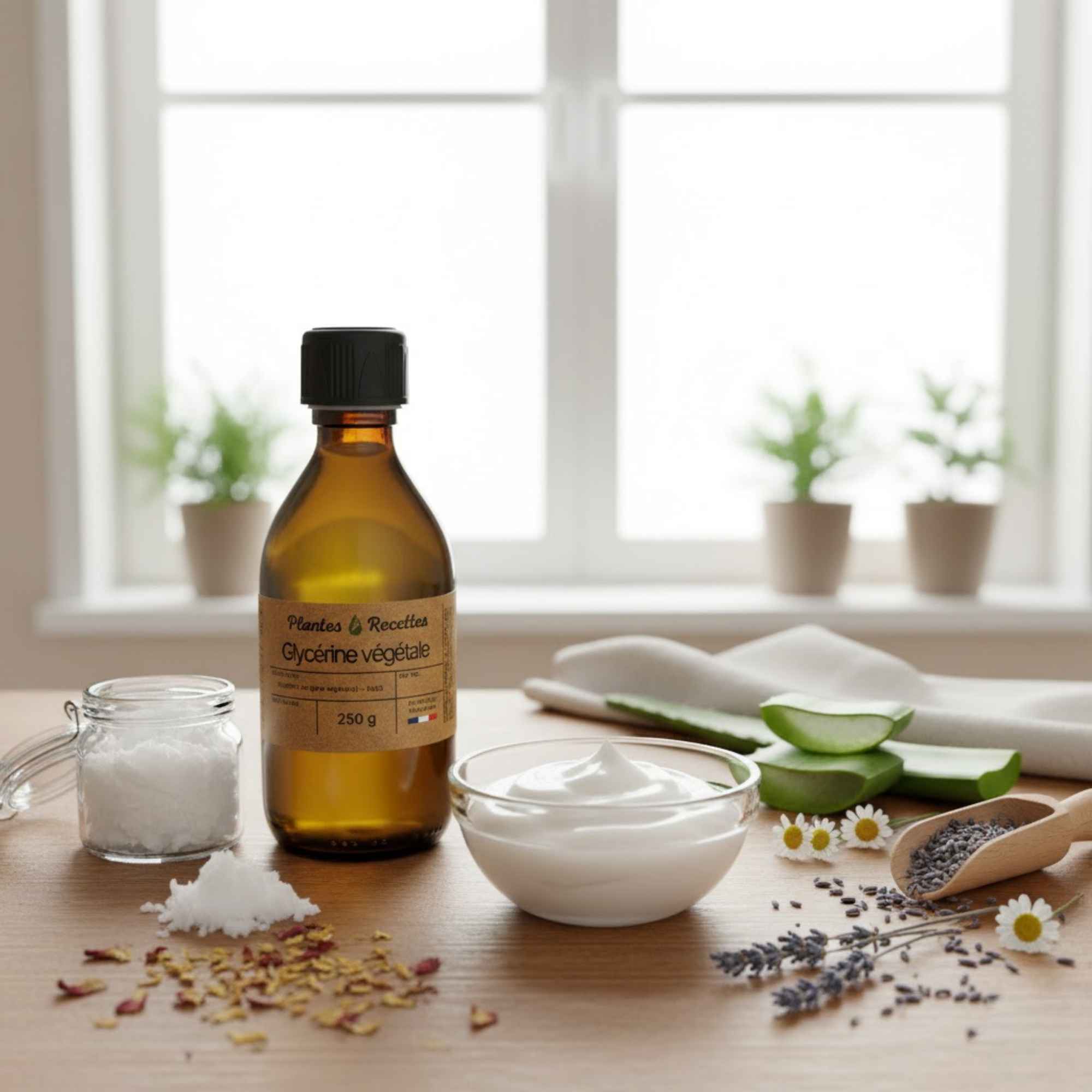 Préparation cosmétique maison à base de glycérine végétale Plantes & Recettes, pour crèmes hydratantes, soins capillaires et lotions naturelles.