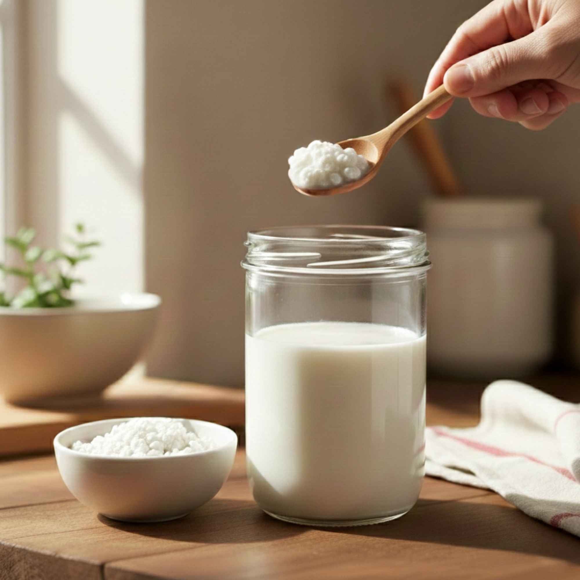 Préparation du kéfir de lait maison avec ajout de la souche fraîche dans le lait.