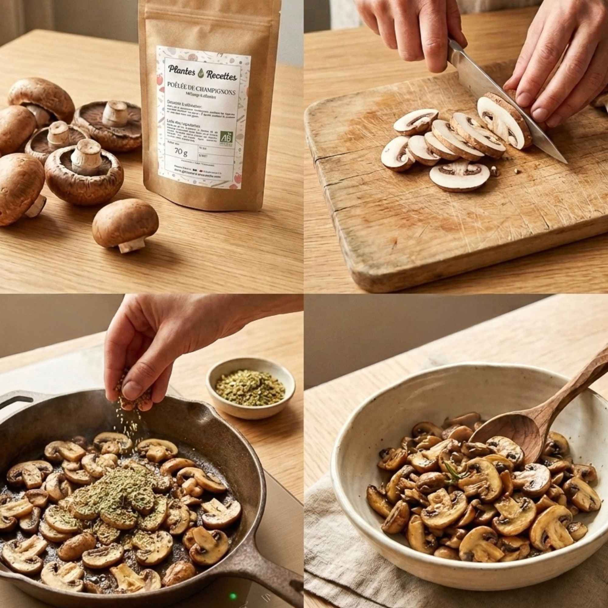 Étapes de préparation d’une poêlée de champignons avec notre mélange d’épices bio